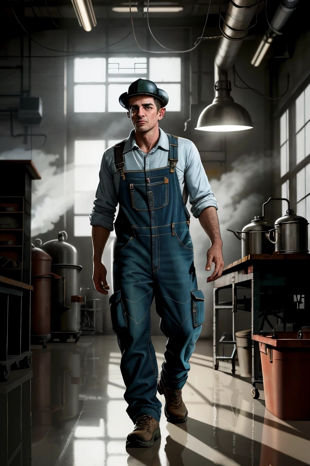 In a 1900s industrial space, a robust worker clad in grease-stained overalls and a battered hat stands before an intricately machined engine. The room is filled with the hum of gears and the faint glow of flickering light bulbs. The air is thick with the scent of oil and industrial grit. Every detail is meticulously rendered, from the textured metal surfaces to the intricate mechanisms of the machinery. Soft streaks of sunlight filter in through the grimy windows, casting long, dramatic shadows on the weathered concrete floor. The scene is evocative of the steadfast resilience and innovation of the industrial age. (realistic, high-definition,