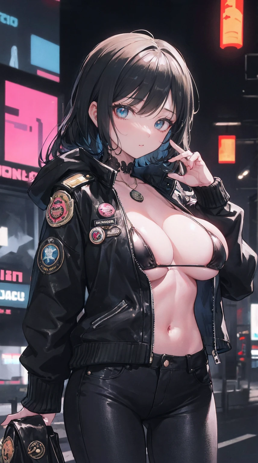portrait of emb-haiz, pretty face, Cyberpunk city at night. She's wearing a cardigan leather jacket,micro bikini, black jeans, dramatic lighting, (badge:1.2).big bust