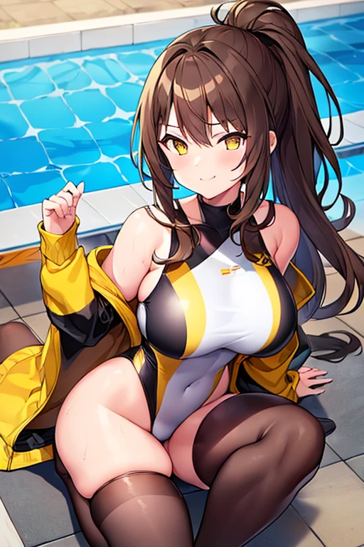 1girl, brown hair, ponytail, yellow eyes, smug, smirk, large breasts, wide hips, thick thighs, one-piece swimsuit, competition swimsuit, black one-piece swimsuit, black swimsuit, pool, yellow line, yellow trim, long sleeves, bare legs, highleg swimsuit, highleg