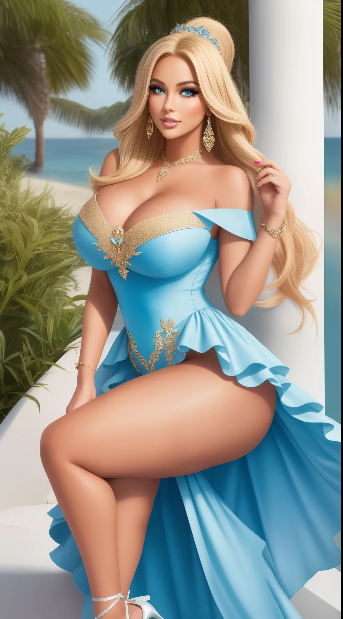 Portrait of amazingly beautiful tanned bimbo princess,full bodyesbian(Full-body photography),Soft, delicate, beautiful and charming face with attractive blue eyes,Sharp eyeliner,seduct smile,Blonde hair disturbed by the wind,High ponytail,Thick layered medium double-tailed hairstyle,Blushing eyeshadow and thick lashes,parted lip,the golden ratio, broad shoulder, a narrow waist, huge breasts,Optimal proportions of four fingers and one thumb, regal fantasy princess dress,high-heels,
