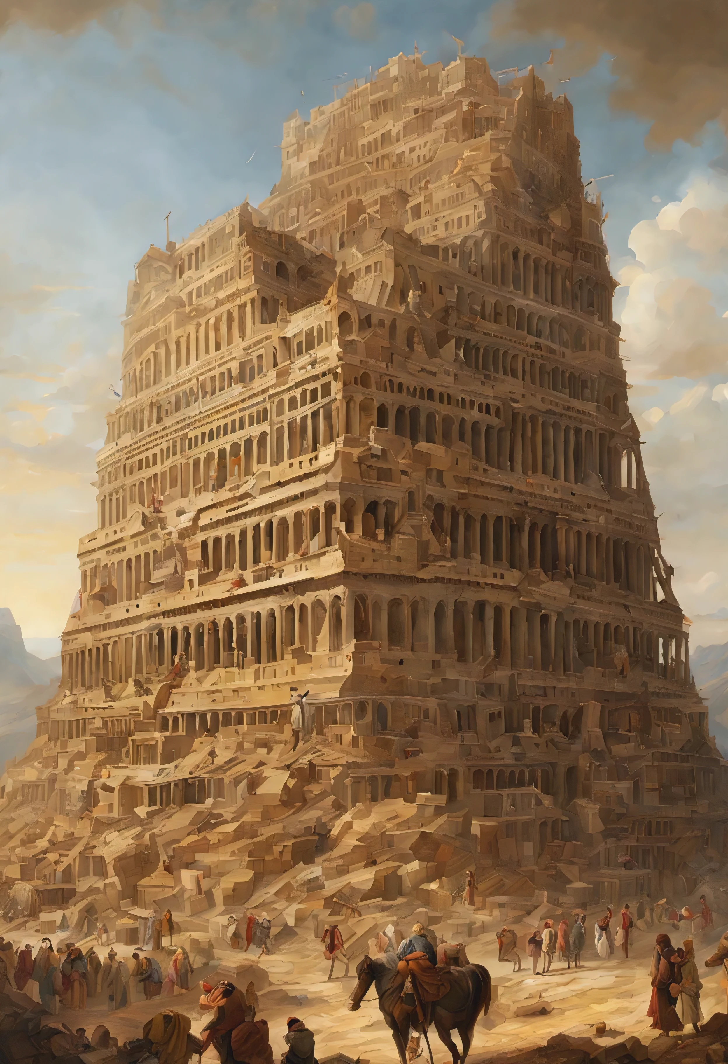 (Um realista,high resolution,ultra-detalhado) antiga torre de Babel, De longe, with people working diligently on its construction