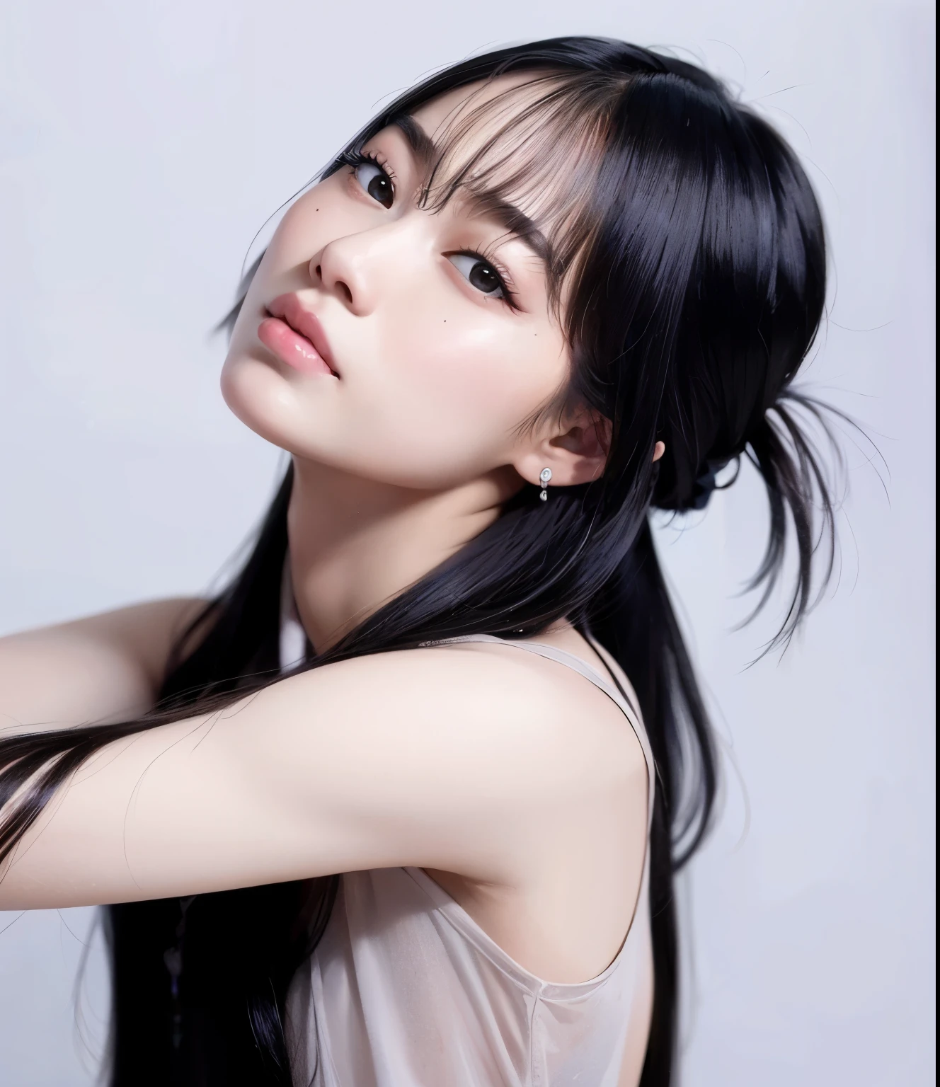 um close up de uma mulher com longos cabelos pretos e uma regata grisalha, Lalisa Manobal, estacionar a partir de-min, ela tem cabelo preto com franja, jaeyeon nam, Heonhwa Choe, shikami, Hwang se-é, Lee Ji-eun, Lee Ji-eun, Jinyoung Shin