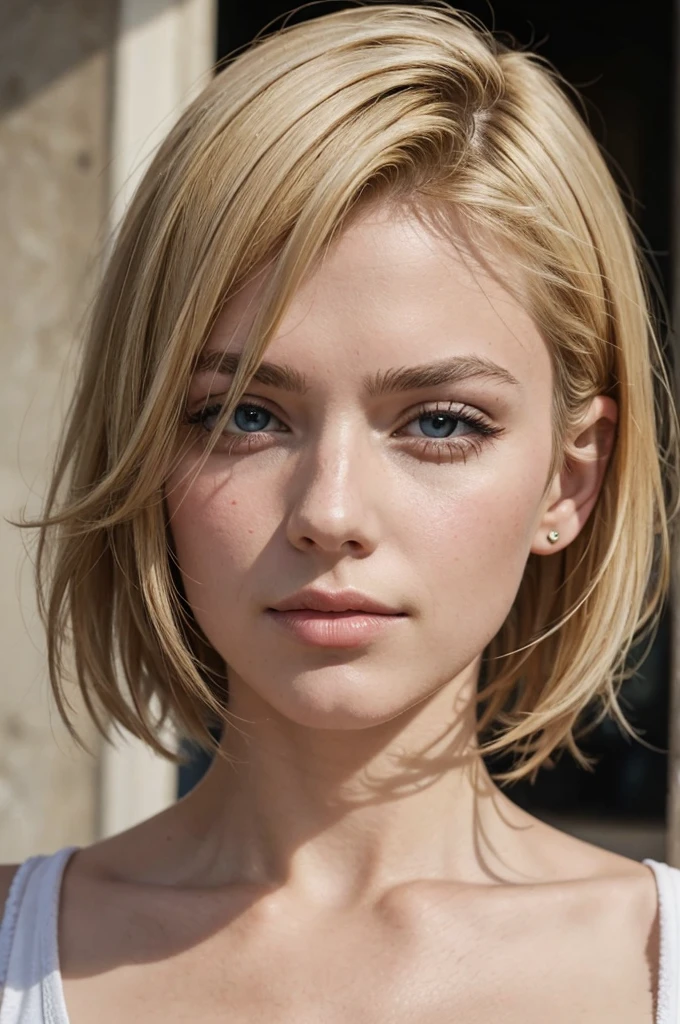 european girl,shooting from afar, One,20 years,Beautiful face,Hair over one eye,Middle side cut, blonde hair, Sharp Focus, draws something