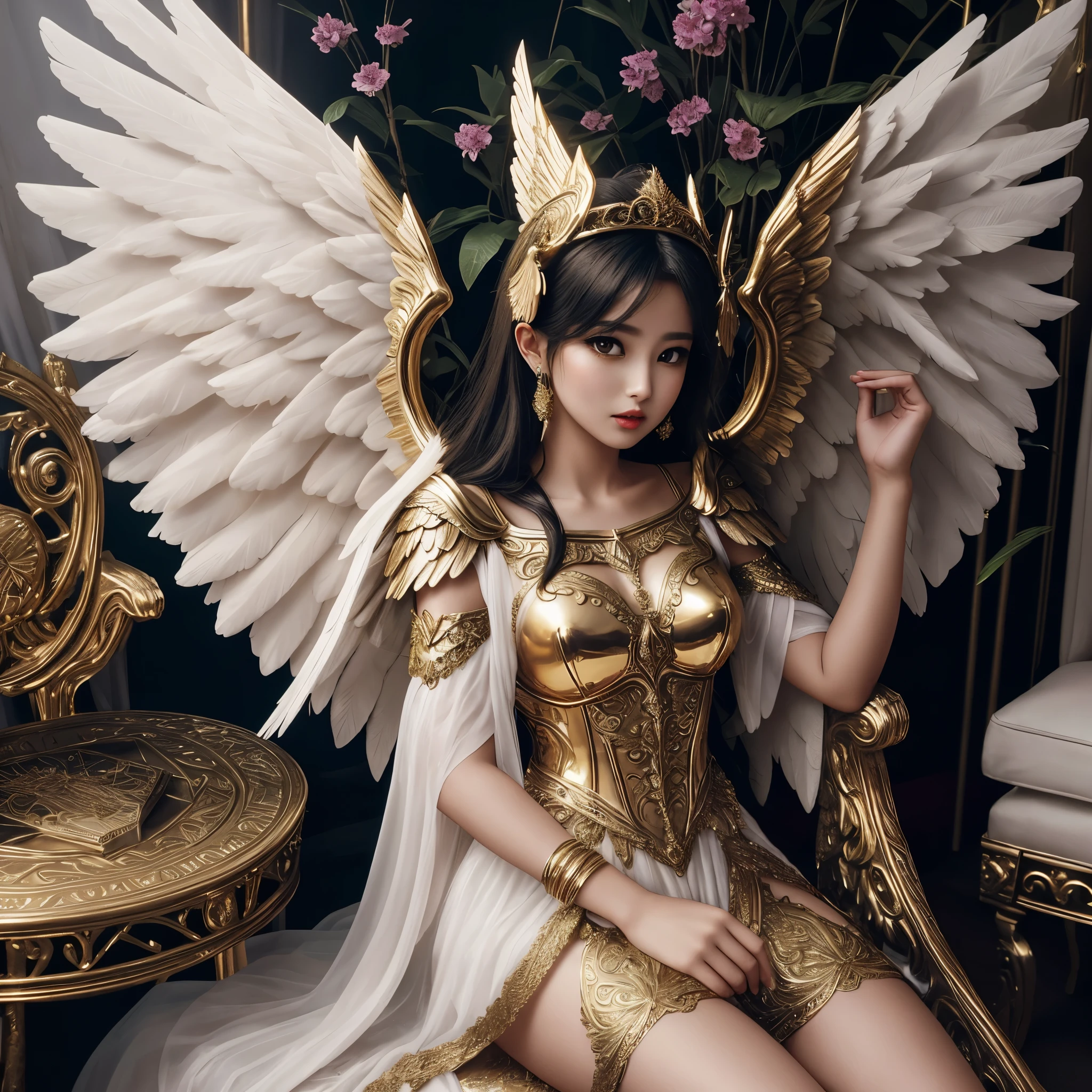 Arafi woman in a golden dress sitting on a winged chair, of beautiful angel, full body angel, young one angel, Angelic, of an beautiful angel girl, ornate cosplay, beautiful angel, graceful wings, beautiful female angel, angel themed, angel wearing, as a mysterious valkyrie, angel themed, Angelic wings, beautiful fantasy empress