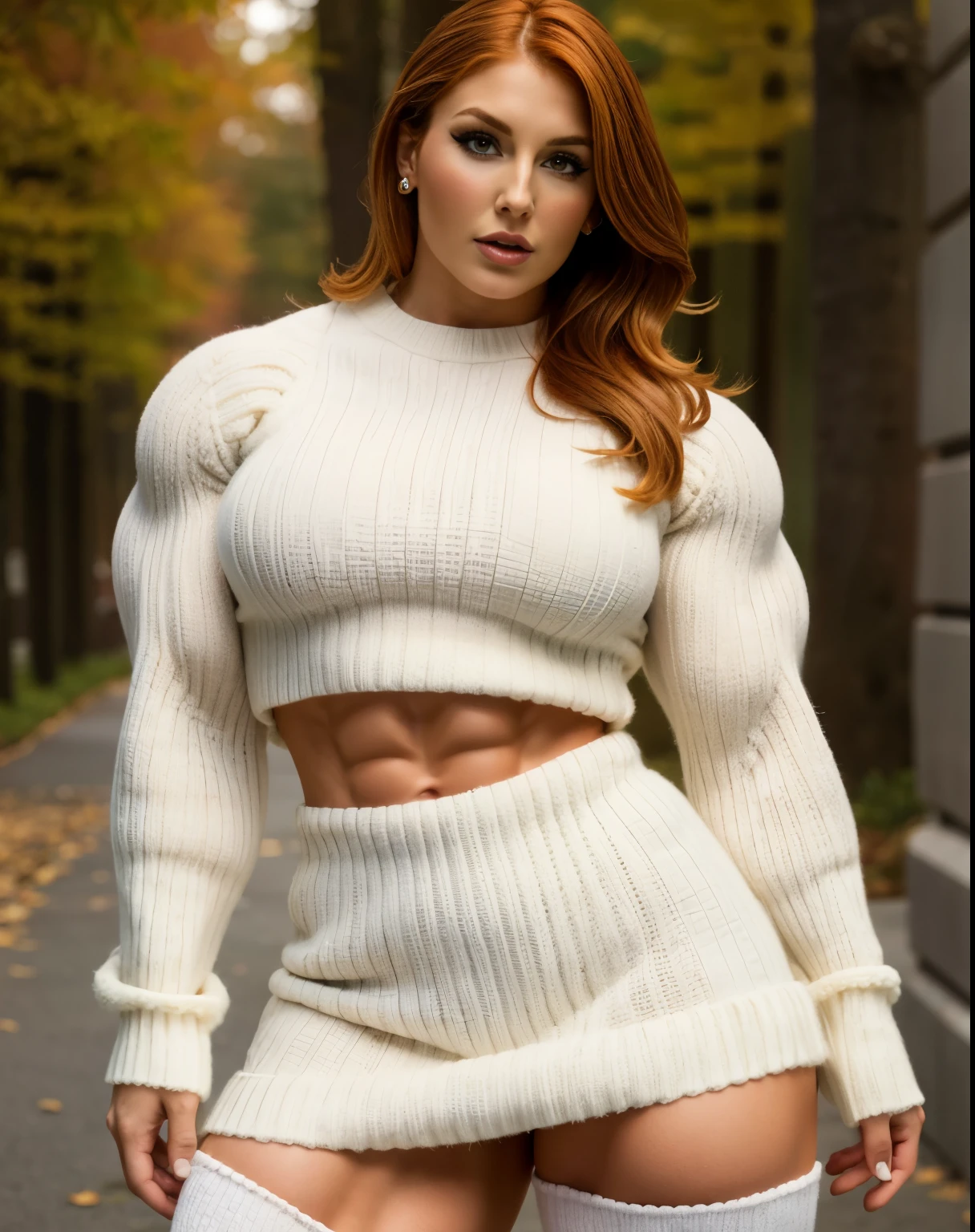 Ginger spice, Lucy pinder, Generate a full length fashion portrait of a heavily muscled iff pro female bodybuilder , her makeup, hair, she dressed in a tight fluffy woolen sweater, tight miniskirt, white knee high socks, lighting, environment