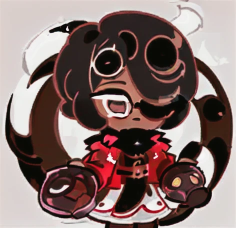Dark Chocolate Milk Cookie, black hair, short hair, bowl cut, hair over eyes, Red Round Sunglasses, Dark Brown Jacket, Surrealism, 8k, super detail, 1080P, 16k