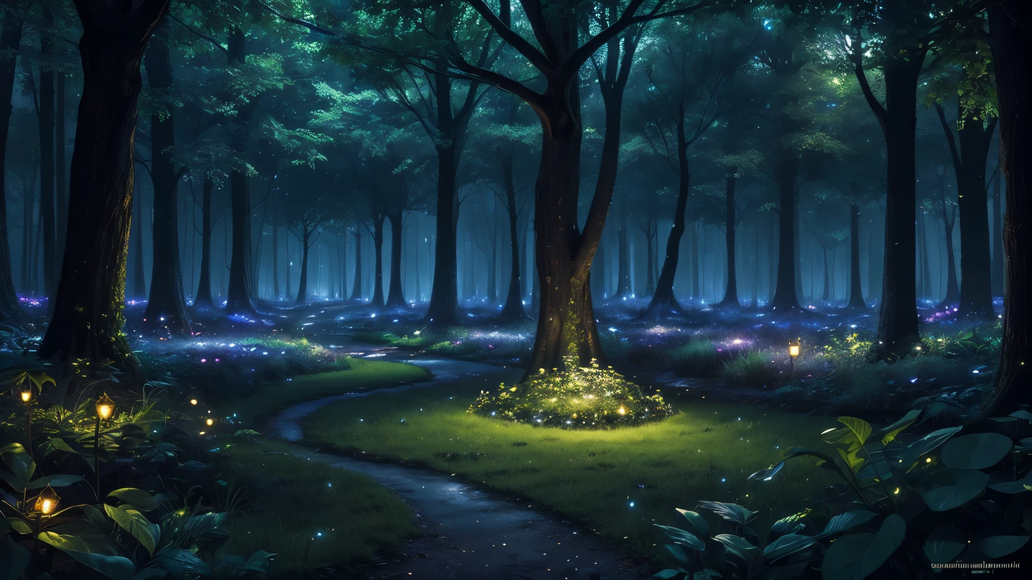 (best quality,ultra-detailed,realistic:1.37),magical, ethereal, night, vibrant plants, mystical atmosphere, glowing plants, fireflies, enchanting atmosphere, dark backgrounds, forest at night, tree of life