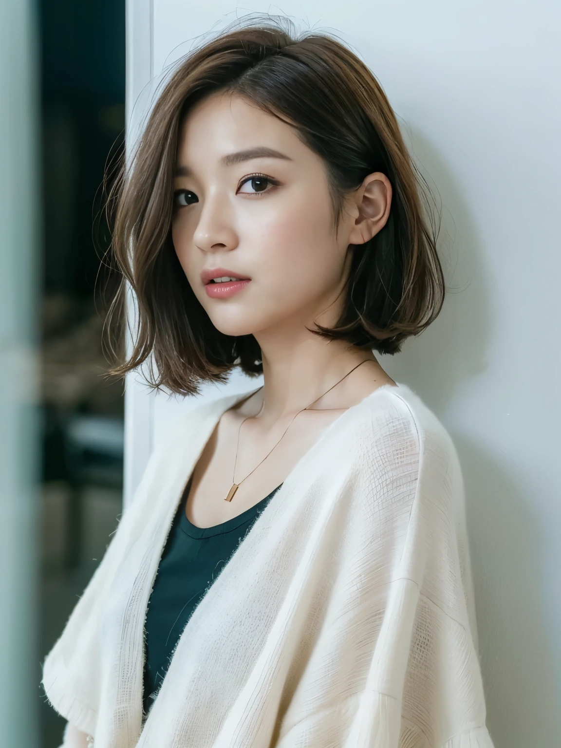 (layered haircut:1.2))、short wavy hair、8K、(Live shooting)、(highest quality)、(フォトrealistic:1.4)Reality to the touch Reality、(4Khigh resolution:1.2)、(high resolution, muste piece, highest qualityの, high detail, official: 1.4), (Reality: 1.2, ハイパーrealistic: 1.1, フォトrealisticです: 1.37), Depth of bounds written, (detailed description of hair), (Detailed description of the face), unparalleled beauty,, (35 years old,: 1.4)、I'm a little depressed、white wall、(Taken in front of the white door)、((窓のあるwhite wallの部屋))、indoor、Natural light、short hair、bob hairhair、realistic、high resolution、High quality、profile、various poses、profile、bob hair、random pose、autumn clothes、winter clothes、 wearing necklace、realistic human eyes