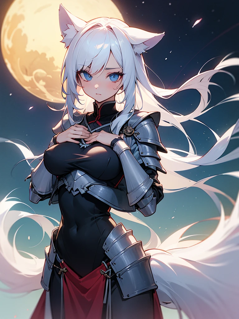 Beautiful woman (light skin) (long white hair) (white wolf ears) (white wolf tail) (beautiful blue eyes) (toned and slender body with a little big breasts) (light armor and red and black Slavic clothing) (proud posture) ( European forest) (night sky)