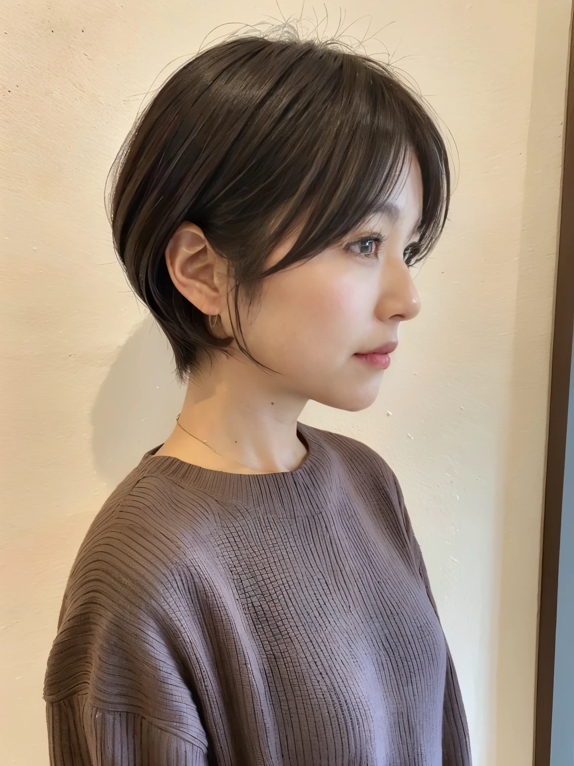 Japan middle-aged woman、shortcut、short hair、profile、Shot from the side、Taken in front of a white wall、white wall room with window、Wearing winter clothes、realistic human eyes、The face of an average Japanese middle-aged woman、Dark brown eyes、Female in her 50s、Wrinkles at the corners of the eyes、Gray hair mixed