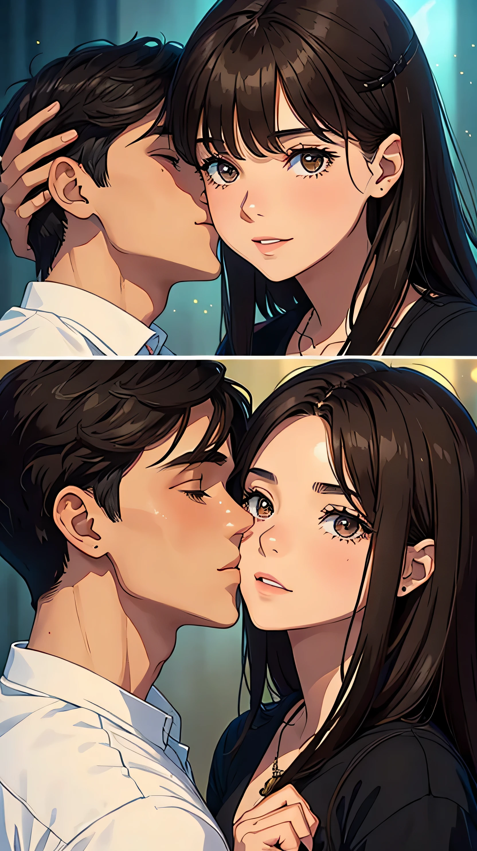 a guy with brown hair kisses a black-haired girl on the forehead. club