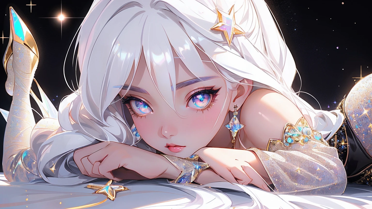 {-erro_de_anatomia:1.0} masterpiece, highest quality, (perfect face:1.1, (high detail)1.1, sweet stardust vampire , long soft white hair, opal eyes, perfectly drawn face, black dress, stars detailed background, prismatic lighting, glitter, whole body, Laying on the moon. Very sexy, with chin resting on shoulder , walkink on the stars with cristal shoes.