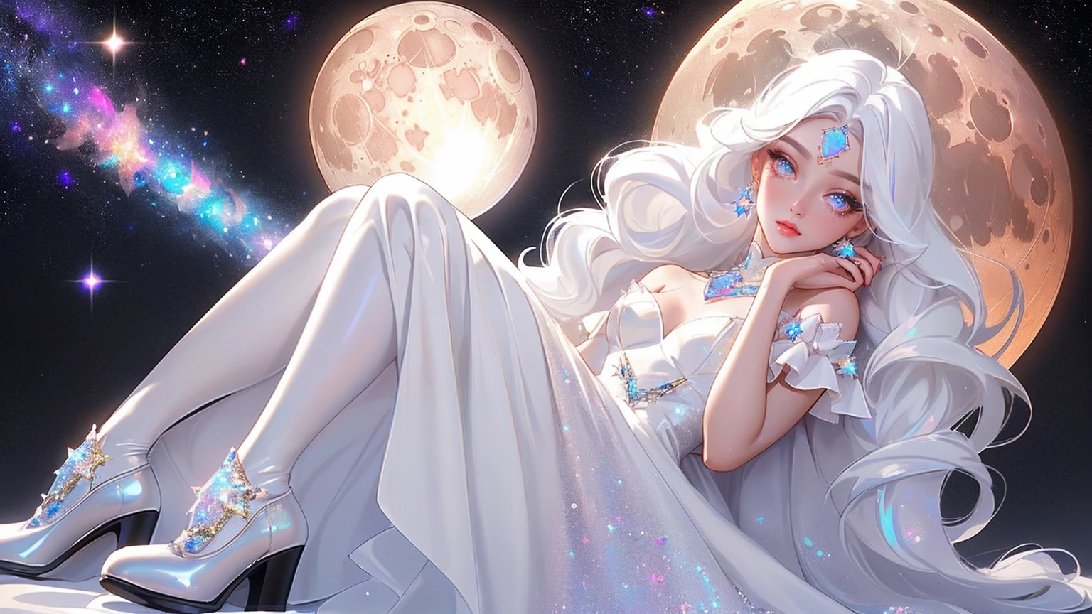 {-erro_de_anatomia:1.0} masterpiece, highest quality, (perfect face:1.1, (high detail)1.1, sweet stardust vampire , long soft white hair, opal eyes, perfectly drawn face, black dress, stars detailed background, prismatic lighting, glitter, whole body, Laying on the moon. Very sexy, with chin resting on shoulder , walkink on the stars with cristal shoes.