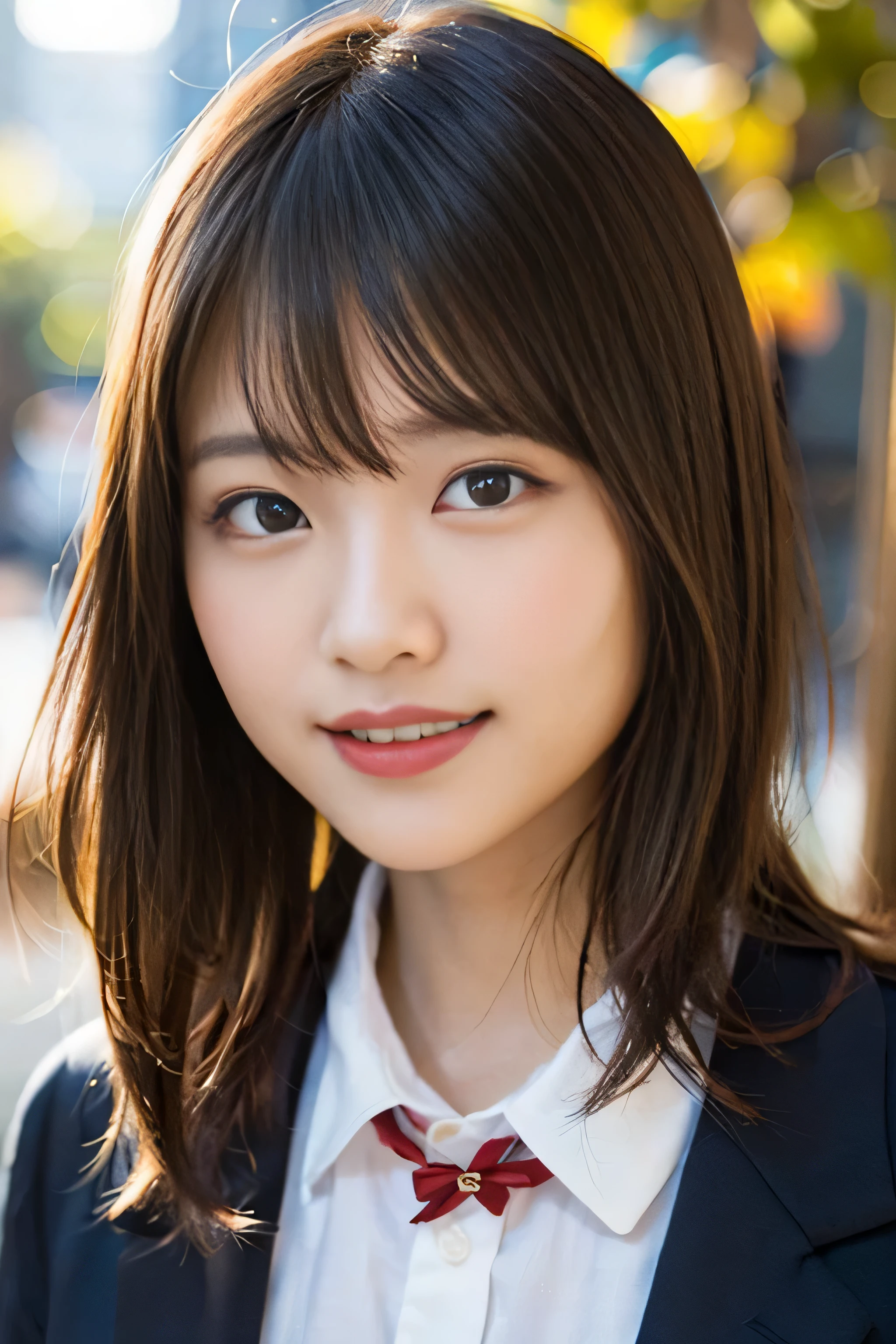 (8K、Raw photography、top-quality、masterpiece:1.2)、(realisitic、Photorealsitic:1.37)、ultra-detailliert、超A high resolution、女の子1人、see the beholder、beautifull detailed face、A smile、Constriction、(Slim waist) :1.3)、Beautiful detailed skin、Skin Texture、Floating hair、Professional Lighting、Whole human body、Longhaire、a blond、japanese hight school uniform、hi-school girl、School route、autumnal、Colored leaves、Red ribbons、Bob Hair、Happy smile、Childish smile、Suppin