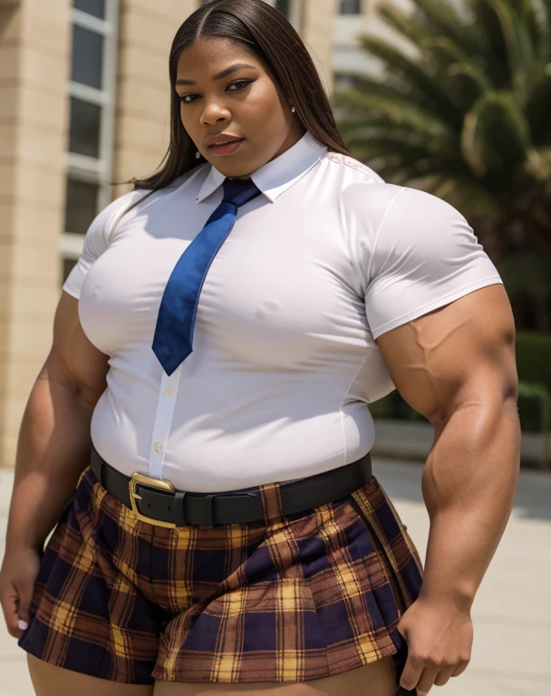 A large thick girl , wide hips, wide waist, wide shoulders, large torso , muscular biceps , Generate a full length portrait of an overweight fat queen latifah, lizzo, huge muscular pecs A heavily muscled iffb pro female bodybuilder, Jowowha Womens School Uniform Cosplay Set Short Sleeve Shirt with Tie and Plaid Skirt Fancy Dress Cosplay Costume