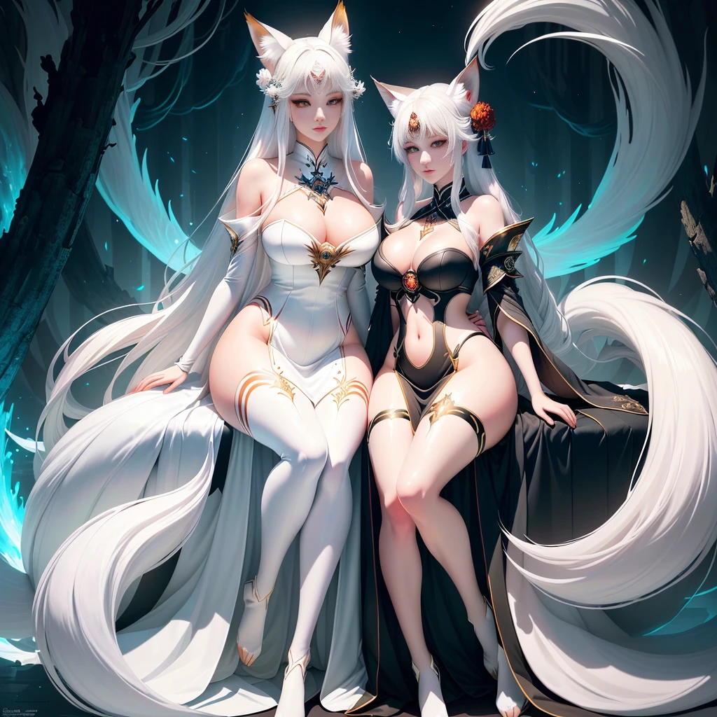 (White-haired female fox ears), full bodyesbian, Painting of a fox girl with white hair, ethereal fox, has nine tails behind her back, sensual and naked, Big tits, perfect big breasts, sitting, open legs, perspective from front, Onmyoji detailed art, Nine tails, A beautiful artwork illustration, mythological creatures, red fox, fighting posture, Beautiful digital artwork, Exquisite digital illustration, mizutsune, Inspired by the wildnet mythical creature, Digital art on Pixiv, strong lights, high contrast, horror movie theme, dark atmosphere