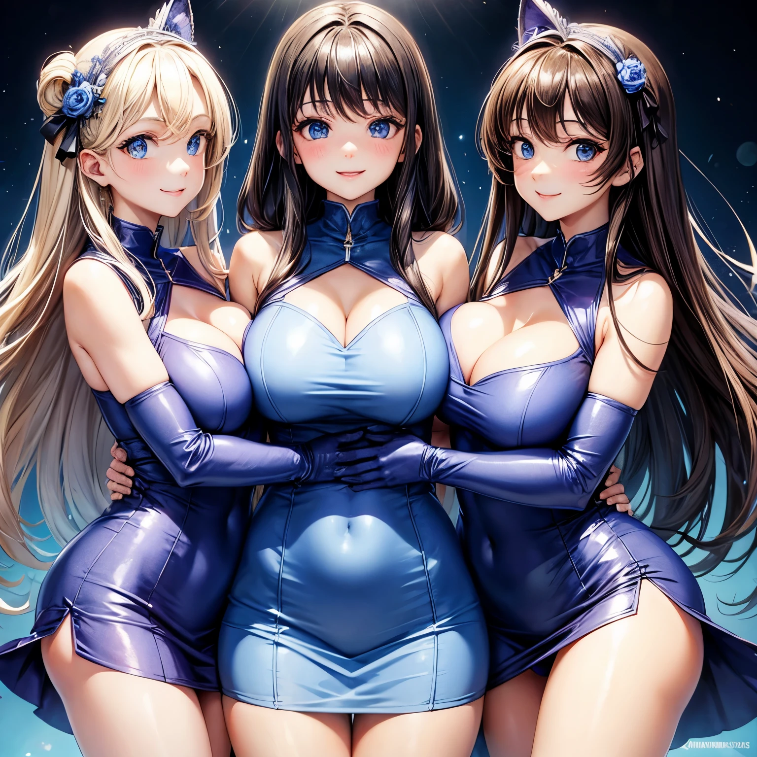 Triplets, tight minidresses, hugging, smile, brunettes, blue eyes, large breasts