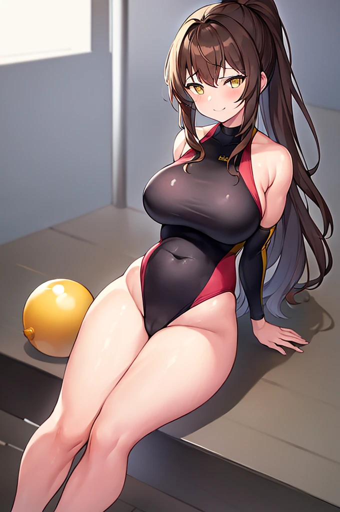 1girl, brown hair, ponytail, yellow eyes, smug, smirk, large breasts, wide hips, thick thighs, one-piece swimsuit, competition swimsuit, black one-piece swimsuit, black swimsuit, pool, yellow line, yellow trim, long sleeves, bare legs, highleg swimsuit, highleg