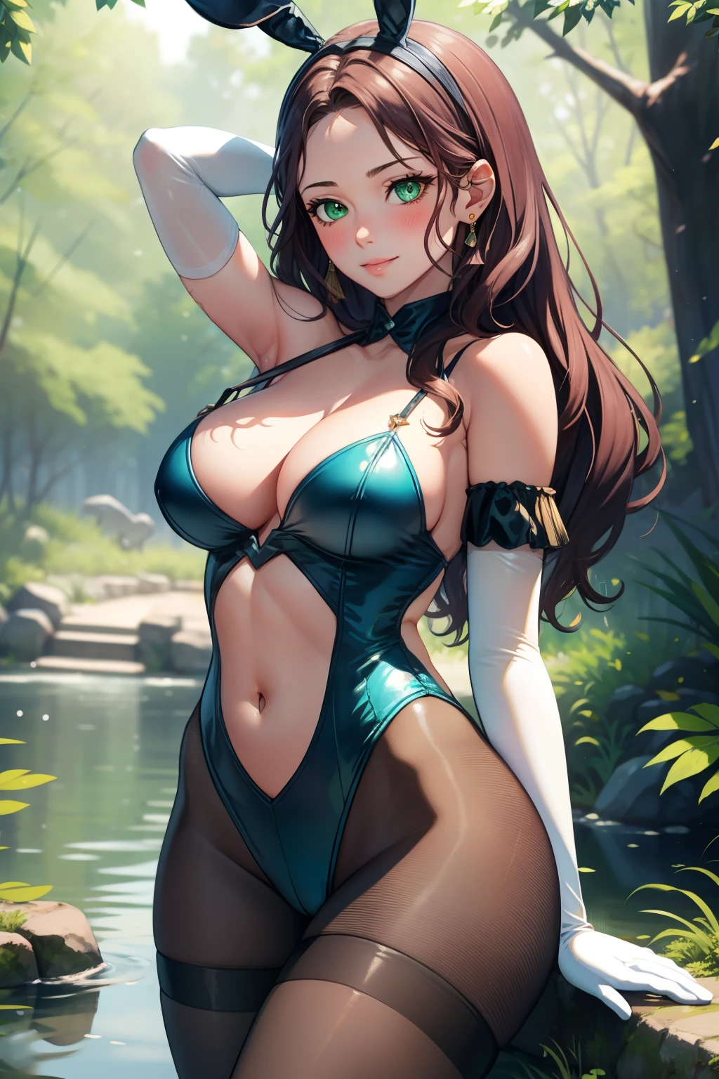 dorothea, green eyes, long hair,1girl, solo, perfect breasts, ,earrings glossy lips ,looking at viewer, blush, large breasts, nature, pond, trees, park, long white elbow satin gloves, holding, animal ears, cleavage, bare shoulders, jewelry, very l, gentle smile, pantyhose, earrings, fake rabbit ears, blue leotard, fake animal ears bunny, long white elbow gloves, white gloves