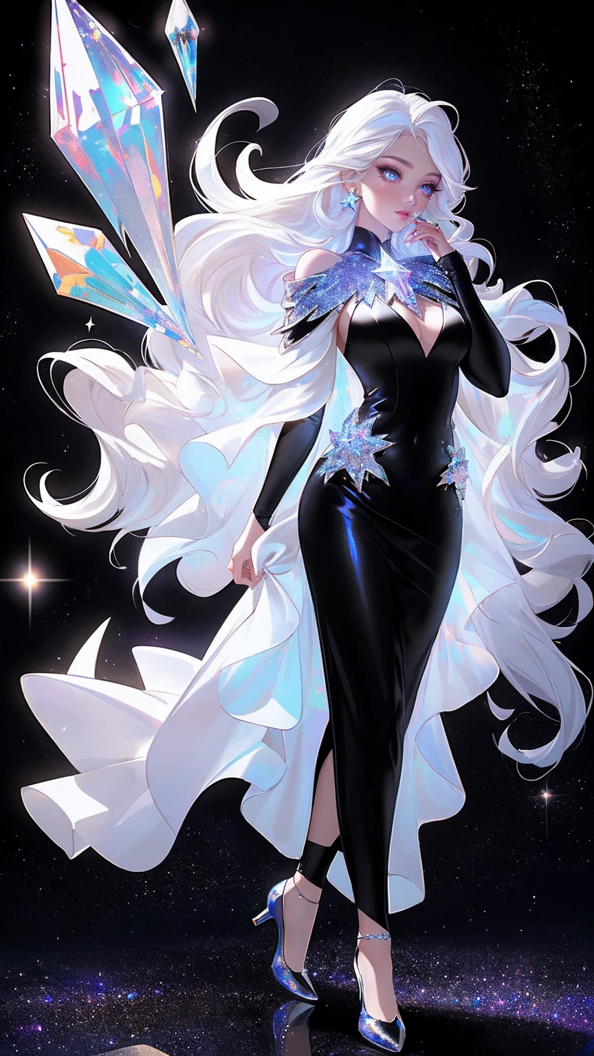 {-erro_de_anatomia:1.0} masterpiece, highest quality, (perfect face:1.1, (high detail)1.1, sweet stardust vampire , long soft white hair, opal eyes, perfectly drawn face, black dress, stars detailed background, prismatic lighting, glitter, whole body, walking feet under the stars