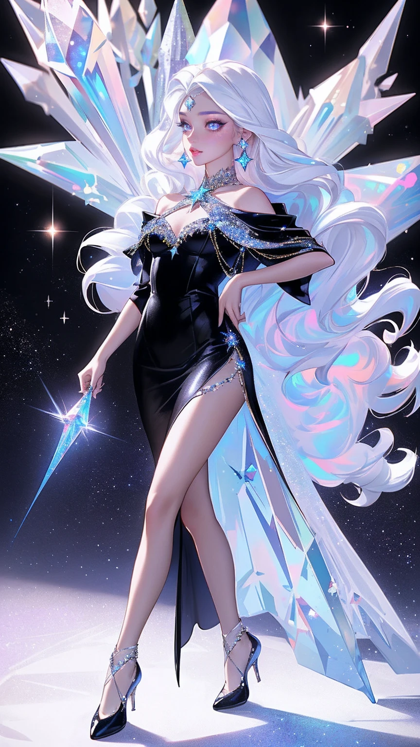 {-erro_de_anatomia:1.0} masterpiece, highest quality, (perfect face:1.1, (high detail)1.1, sweet stardust vampire , long soft white hair, opal eyes, perfectly drawn face, black dress, stars detailed background, prismatic lighting, glitter, whole body, Dancing lightly, Very sexy, with chin resting on shoulder , walking on the stars with cristal shoes, holding a crystal star in her hands