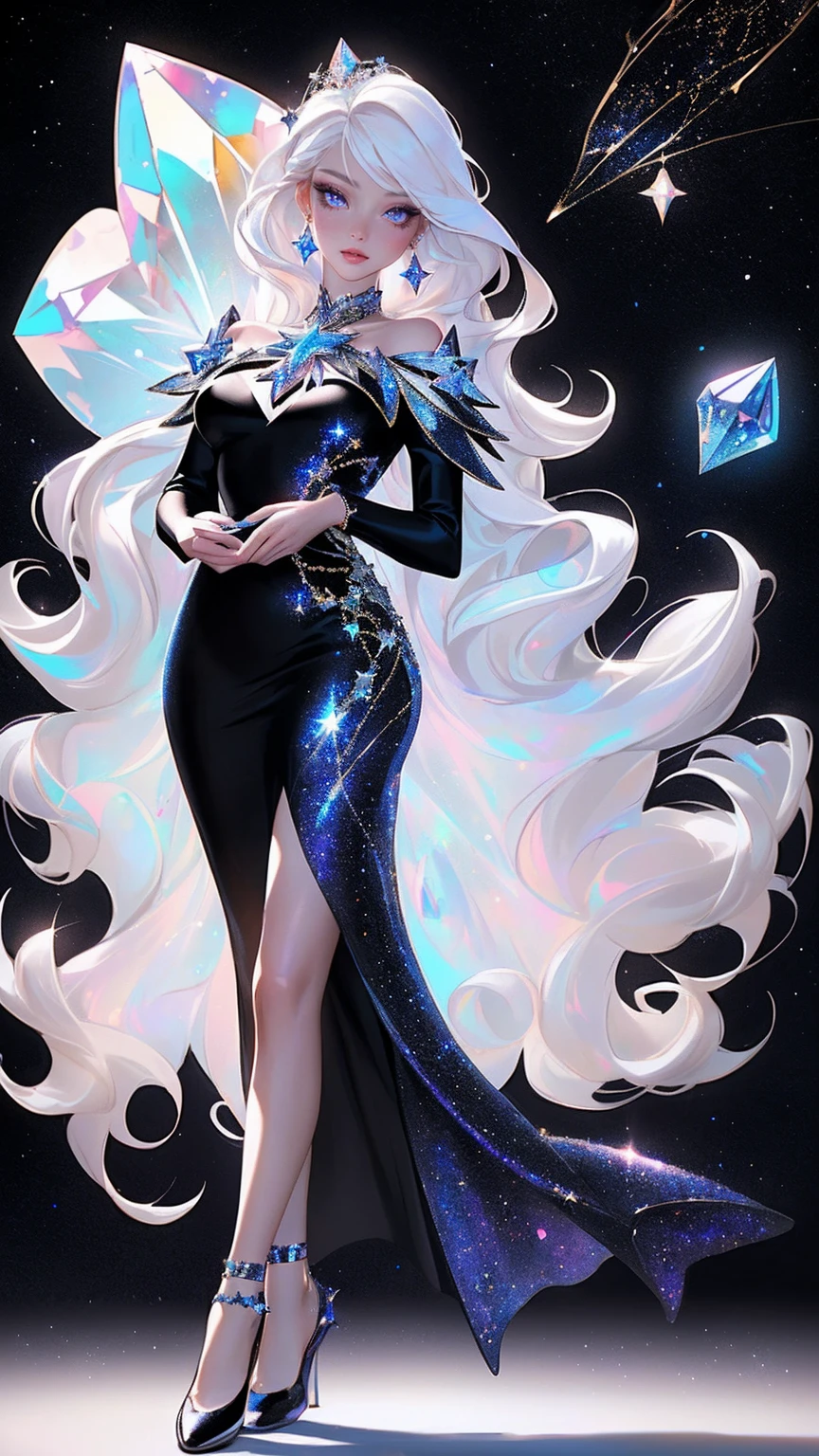 {-erro_de_anatomia:1.0} masterpiece, highest quality, (perfect face:1.1, (high detail)1.1, sweet stardust vampire , long soft white hair, opal eyes, perfectly drawn face, black dress, stars detailed background, prismatic lighting, glitter, whole body, Dancing lightly, Very sexy, with chin resting on shoulder , walking on the stars with cristal shoes, holding a crystal star in her hands