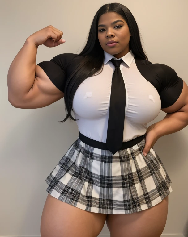 A large thick girl , wide hips, wide waist, wide shoulders, large torso , muscular biceps , Generate a full length portrait of an overweight fat queen latifah, lizzo, huge muscular pecs A heavily muscled iffb pro female bodybuilder, Jowowha Womens School Uniform Cosplay Set Short Sleeve Shirt with Tie and Plaid Skirt Fancy Dress Cosplay Costume