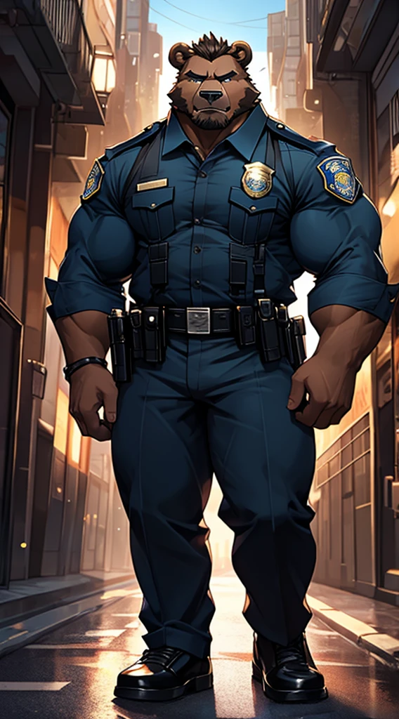 best quality, masterpiece, super high resolution, detailed background, realistic, illustration, single, 1 boy, muscle man, beard, SWAT, hotel, muscle, facial hair, volumetric lighting, depth of field, black clothes, ((black police uniform)), panting, raised crotch