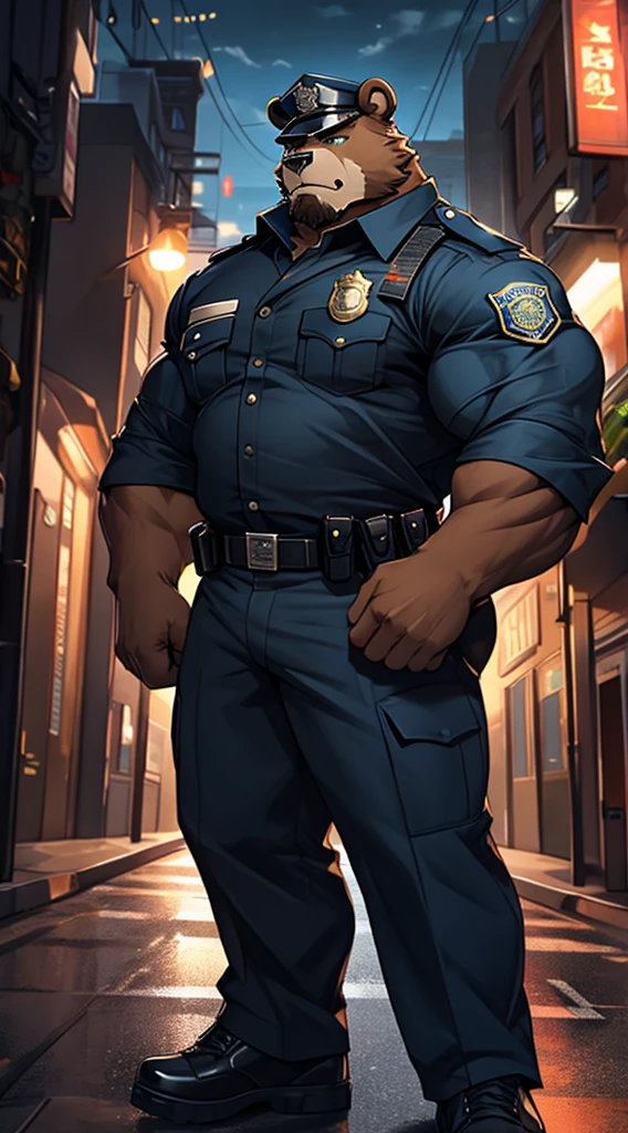 A huge muscular old anthro furry bear, muscular arms, muscular legs, imposing stature, wearing a police uniform, with a stern and intimidating expression on his face, black full facial hair, green eyes, large muscle gut . Detailed facial features, including a strong jawline, thick dark eyebrows, thick brown fur. The police uniform is crisp and well-fitted, belly slightly exposed, with a metal badge and shiny buttons. The scene is set in a city street. The lighting is dramatic, casting bold shadows and highlighting the contours of his muscles. The color tone is dark and moody, enhancing the serious and authoritative atmosphere. The image quality is of the best quality, with high resolution and ultra-detailed features. The overall style is realistic and professional, capturing the essence of a strong and dedicated police officer.