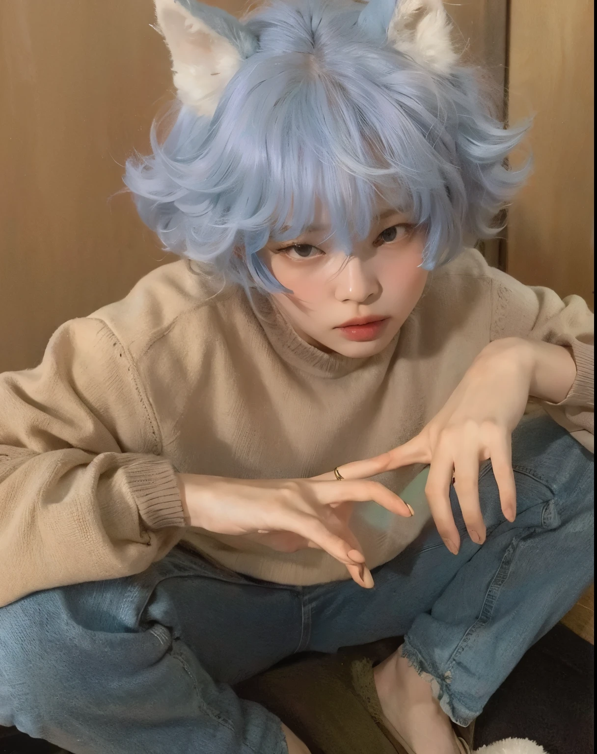 Boy with pink hair and blue sweater sitting on the floor, E - boy, e-boy, Ulzzang male, Sakimichan, Ulzzang, Cai Xukun, aux cheveux longs blancs, 8k)), aux cheveux courts, Kanliu666, 1 6 ans, Yanjun Chengt, aux cheveux bleus
