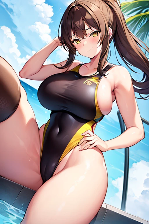 1girl, brown hair, ponytail, yellow eyes, smug, smirk, large breasts, wide hips, thick thighs, one-piece swimsuit, competition swimsuit, black one-piece swimsuit, black swimsuit, pool, yellow line, yellow trim, long sleeves, bare legs, highleg
