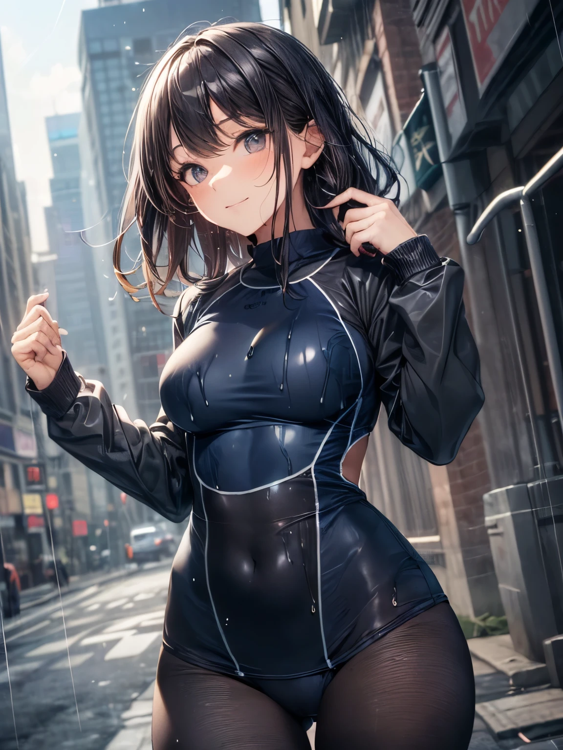 highest quality、complete limbs、full finger、black haired woman、medium hair woman、Beauty busty woman:1.3、(A woman wearing a navy blue long-sleeved one-piece school swimsuit:1.5)、(((woman wearing black tights:1.5)))、big smile、street tree、it&#39;s raining、(wet texture:1.3)