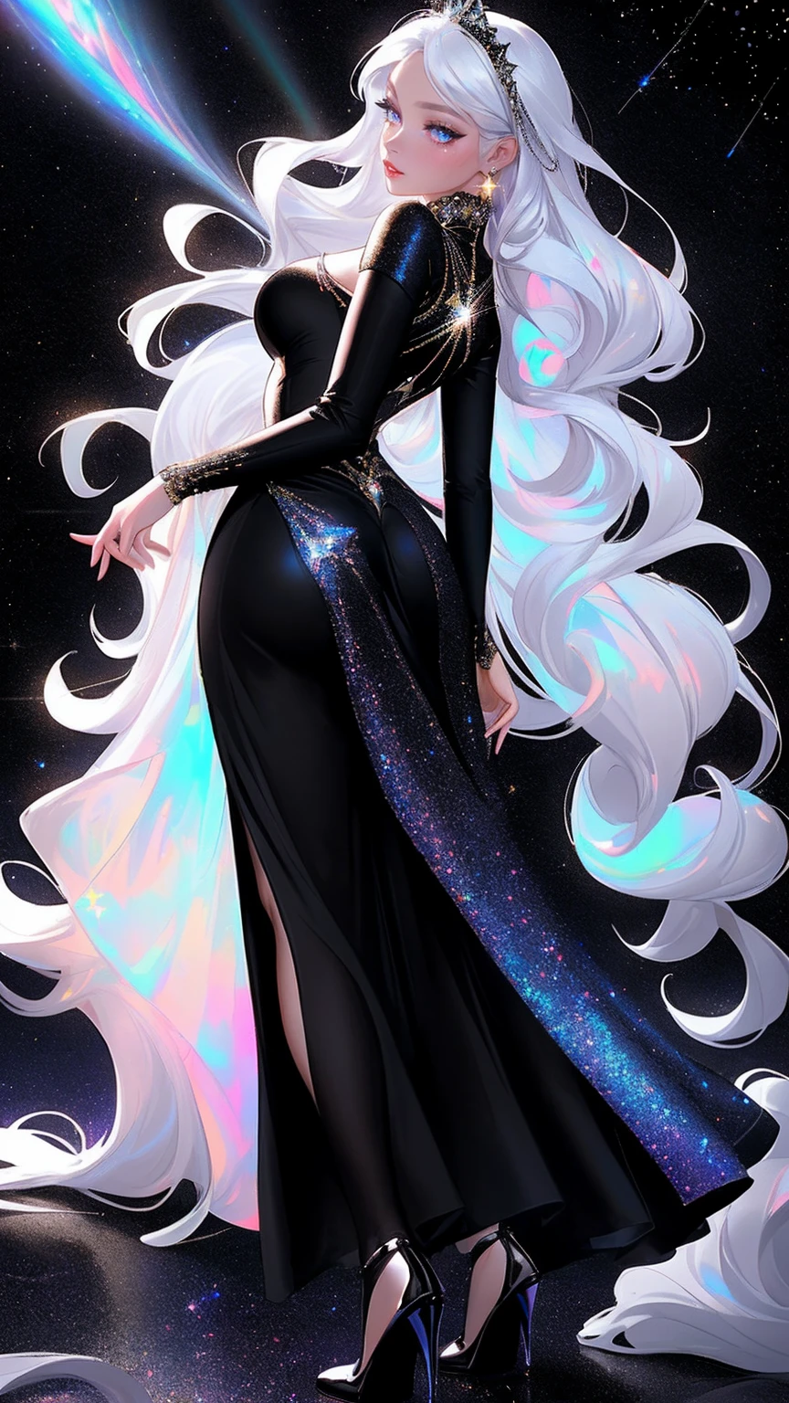 {-erro_de_anatomia:1.0} masterpiece, highest quality, (perfect face:1.1, (high detail)1.1, sweet stardust vampire , long soft white hair, opal eyes, perfectly drawn face, black dress, stars detailed background, prismatic lighting, glitter, whole body,  Dancing lightly. backwadrs, Looking back. Very sexy, with chin resting on shoulder , walkink on the stars with cristal shoes.