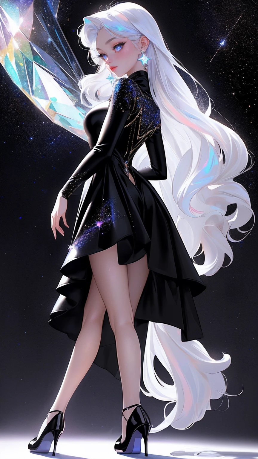 {-erro_de_anatomia:1.0} masterpiece, highest quality, (perfect face:1.1, (high detail)1.1, sweet stardust vampire , long soft white hair, opal eyes, perfectly drawn face, black dress, stars detailed background, prismatic lighting, glitter, whole body, Dancing lightly. backwadrs, Looking back. Very sexy, with chin resting on shoulder , walkink on the stars with cristal shoes.