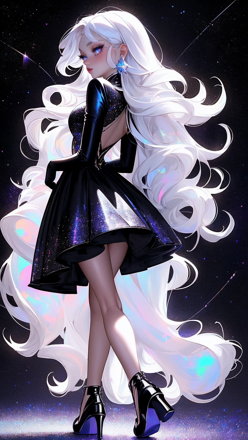 {-erro_de_anatomia:1.0} masterpiece, highest quality, (perfect face:1.1, (high detail)1.1, sweet stardust vampire , long soft white hair, opal eyes, perfectly drawn face, black dress, stars detailed background, prismatic lighting, glitter, whole body, Dancing lightly. backwadrs, Looking back. Very sexy, with chin resting on shoulder , walkink on the stars with cristal shoes.