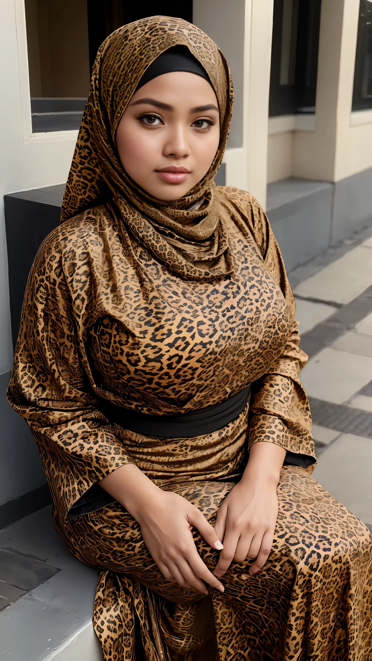RAW, (Best quality, high resolution, work: 1.3), Beautiful Malay woman in hijab, perfect fit body, Big breast,Beautiful big eyes, Soft smile, beautiful face, slightly open mouth, thick thighs, beautiful buttocks, RAW, Best quality, high resolution, masterpiece: 1.3), beautiful Malay woman in hijab, Masterpiece, perfect fit body, big breasts, thick thighs, beautiful big eyes, Soft smile, beautifull girls, detail face, woman sitting in a leopard print dress and hijab stands on a sidewalk, long dress female, brocade dress, very beautiful enga style,batik, with fashion clothe, intricate outfit, wearing long gown, full covered dress, traditional beauty, intricate elegant, in lace brown dress, wearing an elegant tribal outfit, wearing an elegant outfit , muslim, excellent lighting.