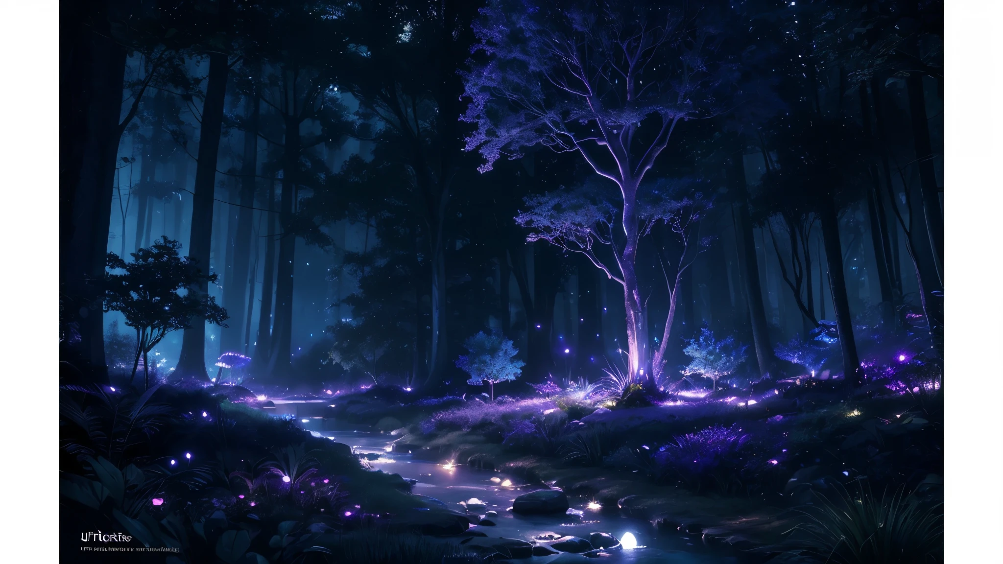 (best quality,ultra-detailed,realistic:1.37),magical, ethereal, night, vibrant plants, mystical atmosphere, glowing plants, fireflies, enchanting atmosphere, dark backgrounds, dark purple blue colour scheme, forest at night, tree of life, glowing river, fantasy