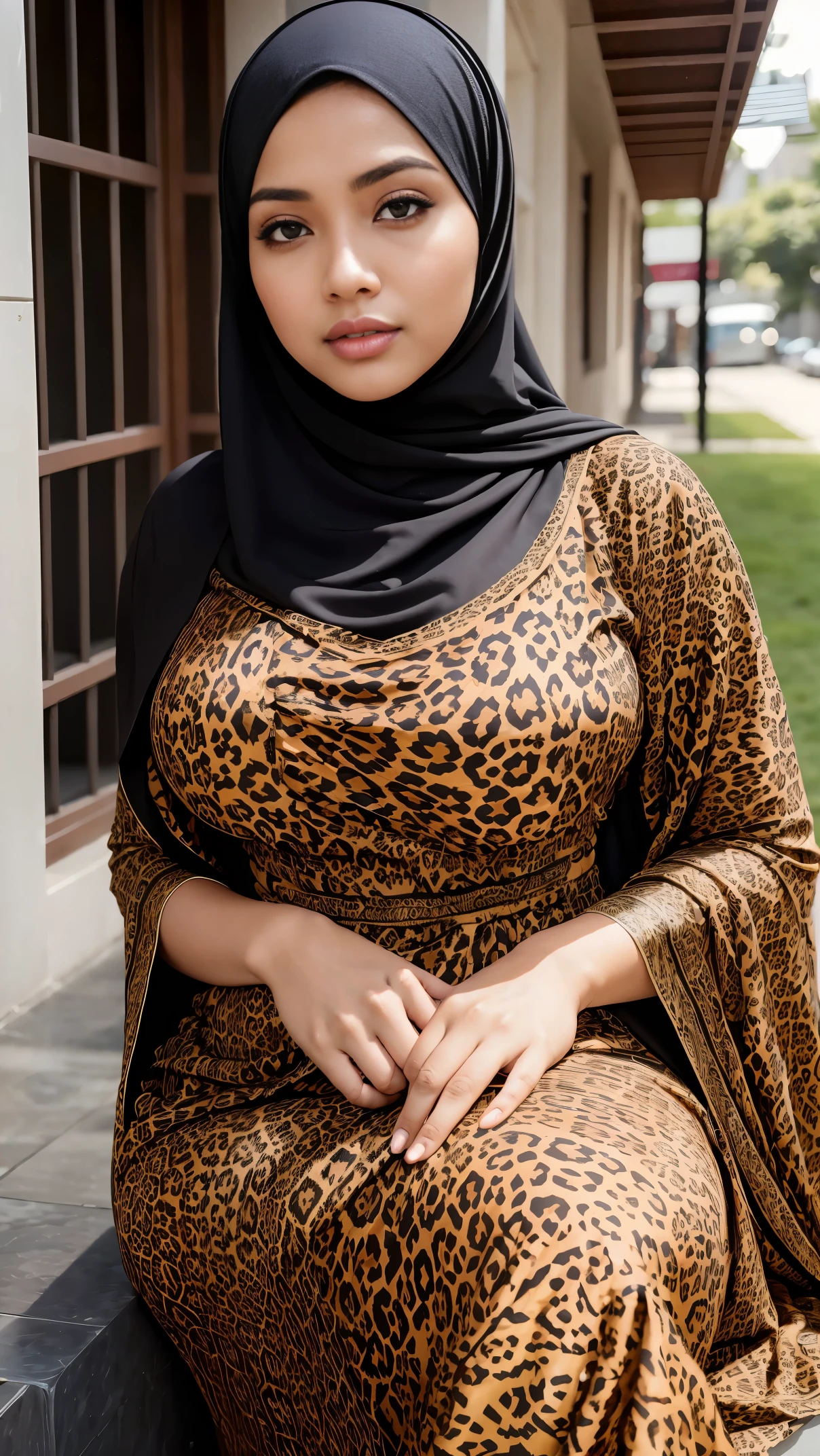 Perfect eyes and face, plump body, fleshy big arm, a full body photos of 30s hijab mom, loose hijab, wear glasses, wear leopard motifs costume, seductive pose, arrogant face, luxury modern make-up, at night room with dark ambient light, cinematic 4k tone, realistic, tan skin, slim stomatch curvy body