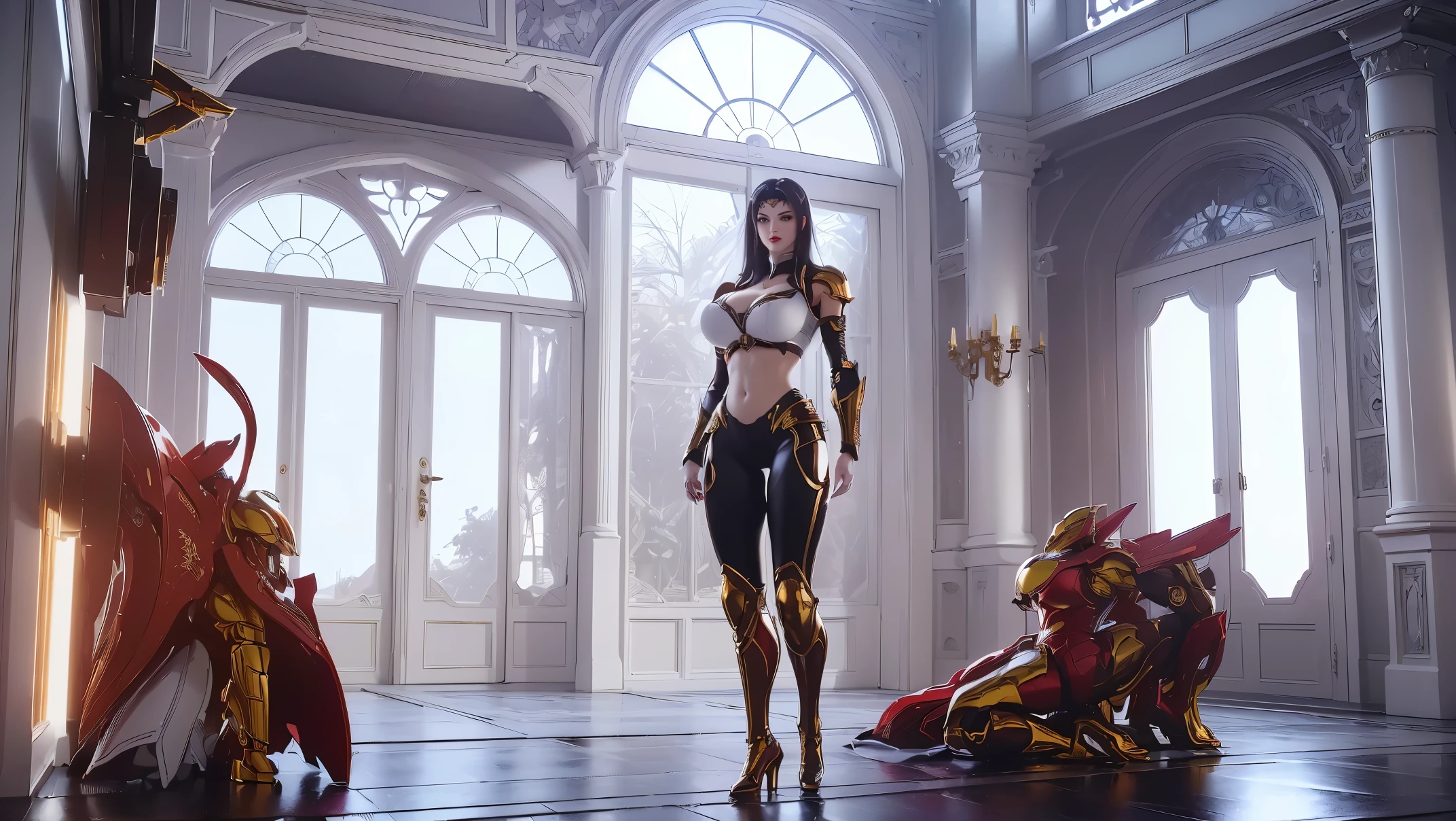 A beauty girl with black hair, (REALISTIC:1.2), (PHOENIX GOLD HELM:1.1), (SLIM BODY SHAPE,HUGE FAKE BREAST:1.5), (CLEAVAGE:1.5), (MUSCLE ABS:1.3), (MECHA GUARD ARMS:1.1), (RED SHINY CROP TOP, BLACK MECHA SKINTIGHT SUIT PANTS, MECHA GUARD ARMOR LEGS, HIGH HEELS:1.5), (WET SWEATY SKIN,SEXY LONG LEGS:1.1), (LOOKING AT VIEWER:1.3), (female focus:0.9), (WALKING HALLWAY OF FUTURISTIC SPACE STATION:1), (BRIGHT LIGHT WHITE_ROOM:1.3), HYPER TEXTURE, 4X MSAA, UNREAL ENGINE RENDER, PHYSICALLY-BASED RENDERING, ULTRA HIGHT DEFINITION, 16K, 1080P.