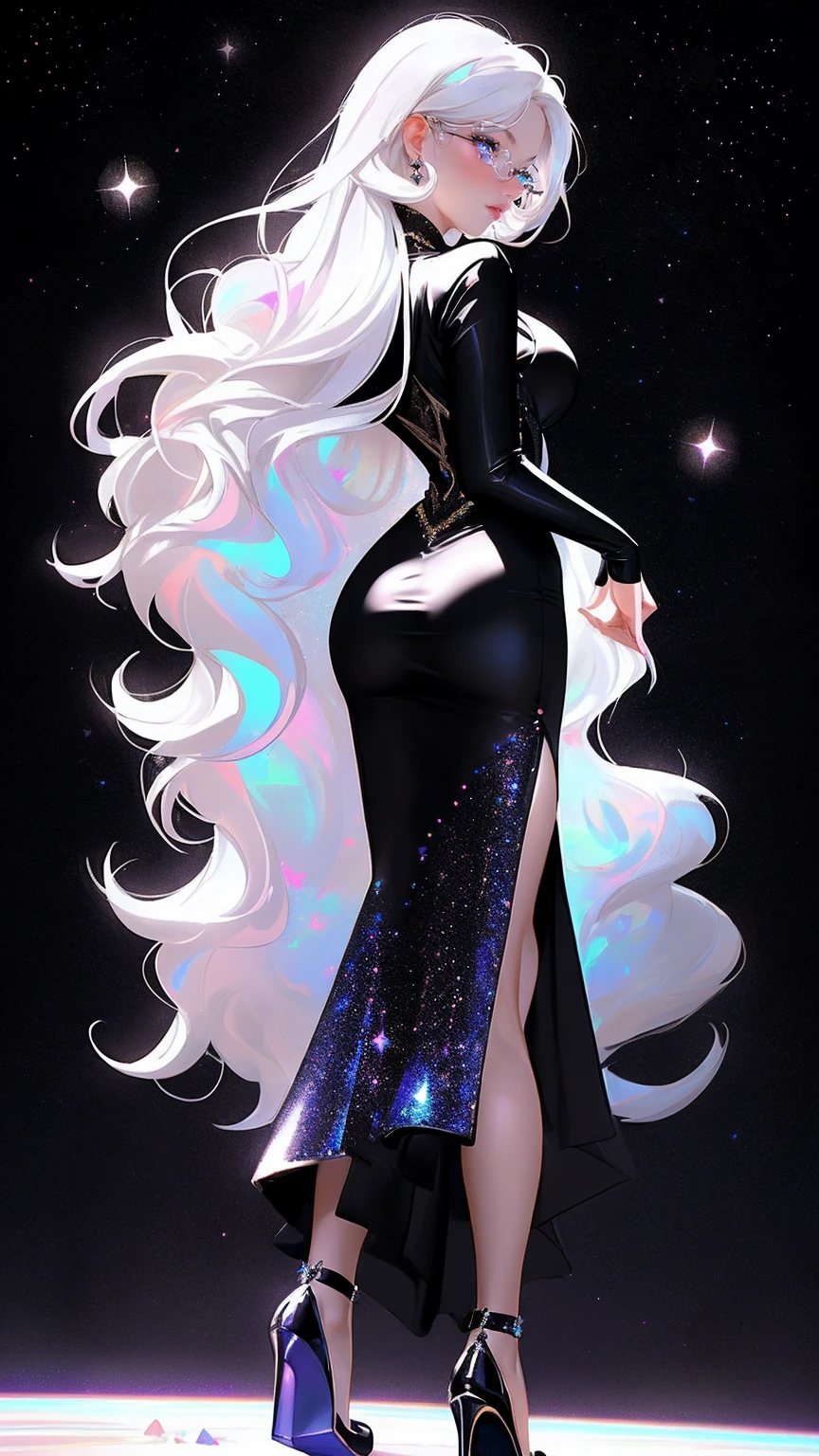 {-erro_de_anatomia:1.0} masterpiece, highest quality, (perfect face:1.1, (high detail)1.1, sweet stardust vampire , long soft white hair, opal eyes, perfectly drawn face, black dress, stars detailed background, prismatic lighting, glitter, whole body, Dancing lightly. backwadrs, Looking back. Very sexy, with chin resting on shoulder , walkink on the stars with cristal shoes.