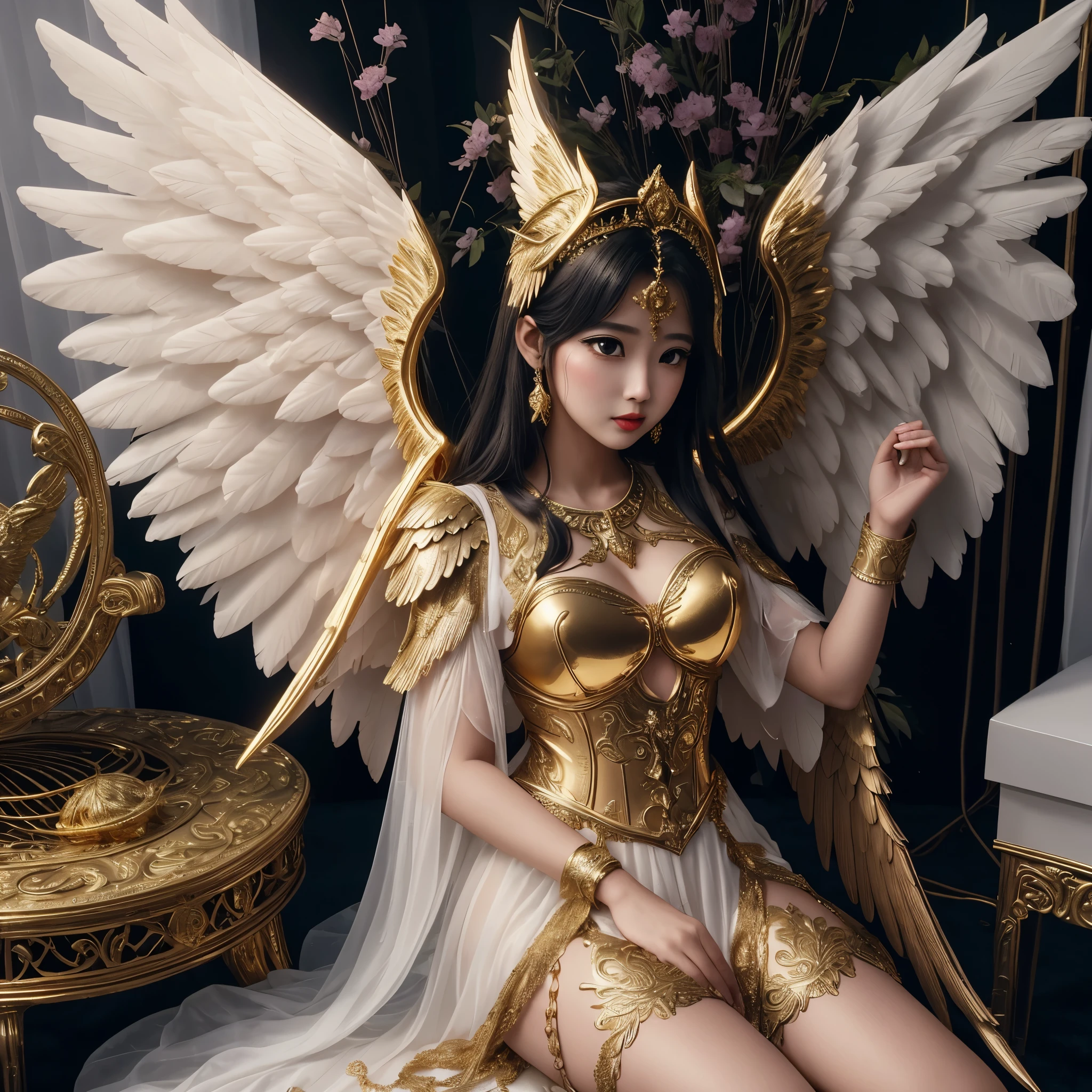 Chu Đức Thành closeup portrait of female angel in v-neck slit thighs see though dress sitting on the Golden throne , rgb magic effect, dramatic, photorealistic --ar 2:3 --niji