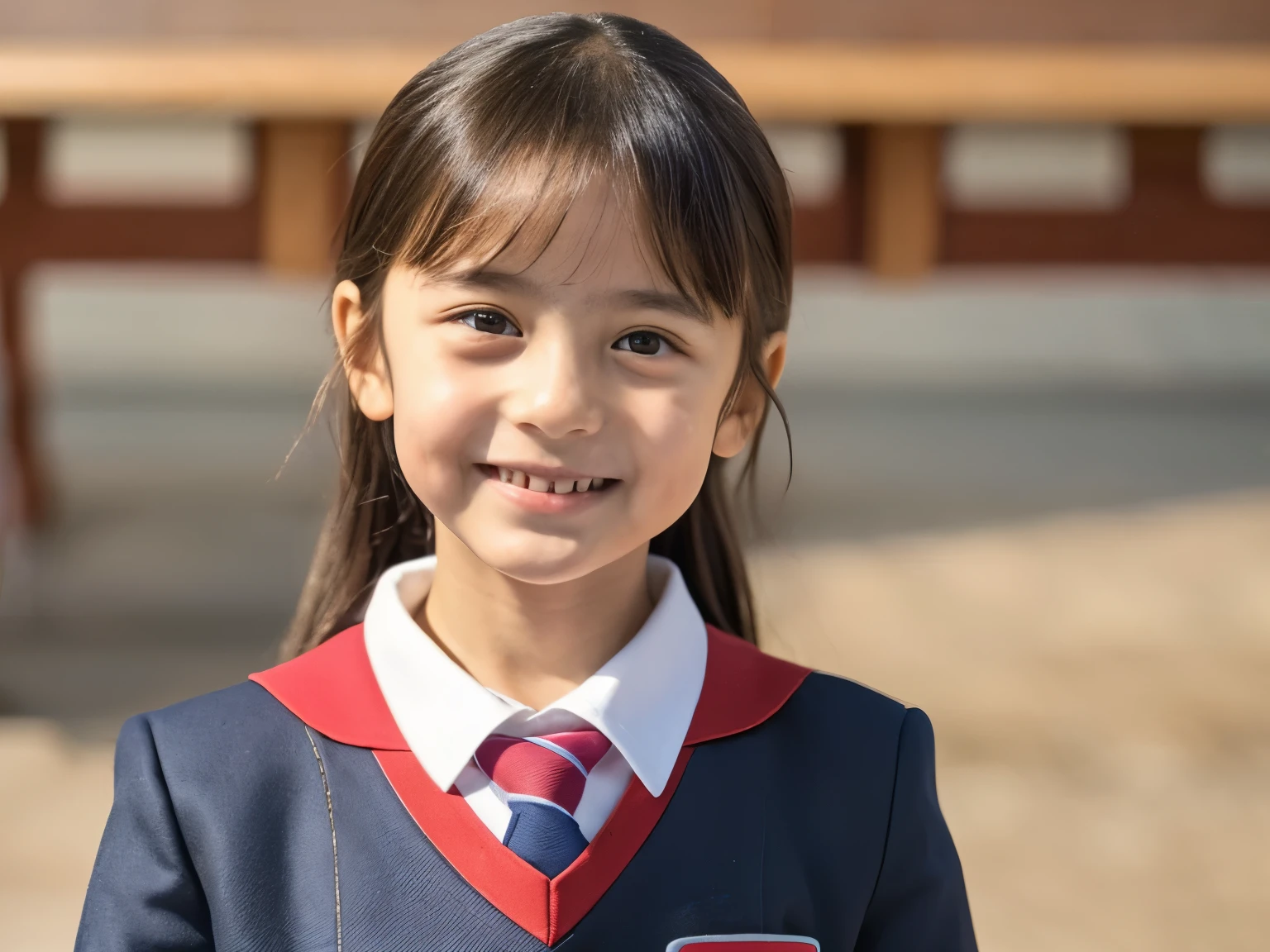 (table top:1.2, realistic:1.4, 8K), highest quality, masterpiece, High resolution, perfect dynamic composition, (Textura facial y de piel altaminte detallada:1.3), detailed eyes, detailed limbs、Smile Pose、(7 year old girl)、 1 girl, change, (Japan high school uniform:1.4), Japan, small, thin, looking for_in_viewer, head_tape, beautiful, Transparent facial skin, (best quality), (masterpiece:1.1)Full body Esbian