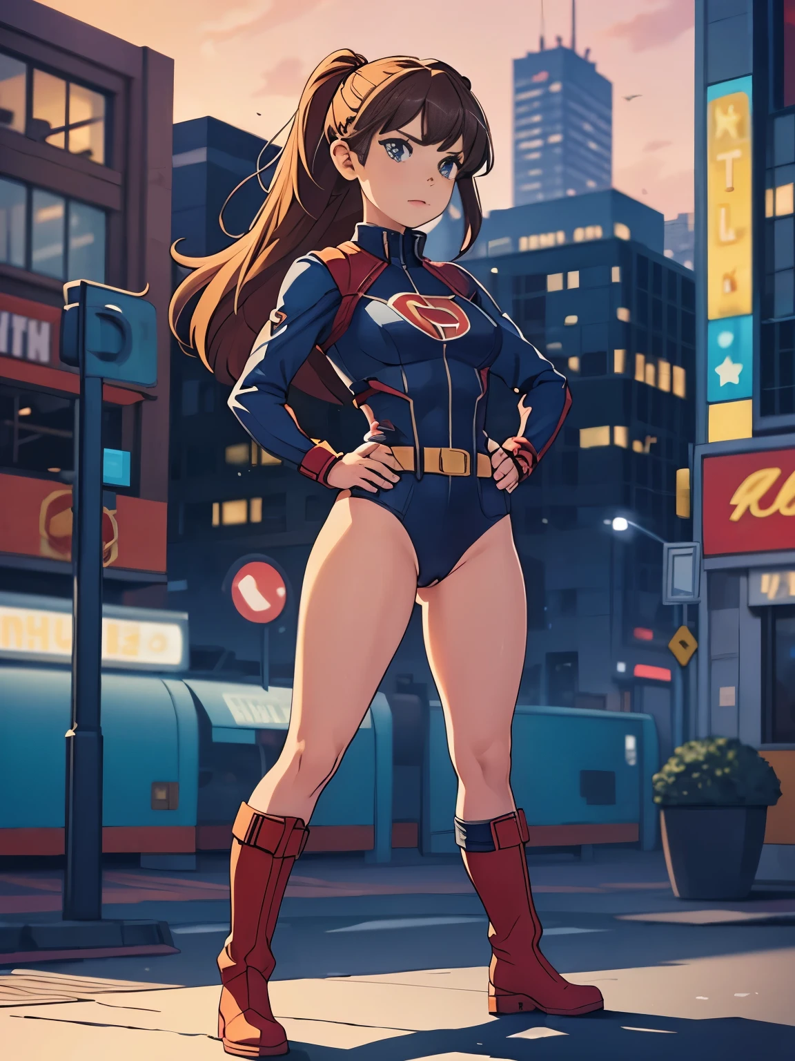 masterpiece, best quality, 1girl, female, superhero, leotard, bare legs, boots, matching boots, medium breasts, light particles, aura, stand, standing, highleg, city backdrop, solo, hand on hip,