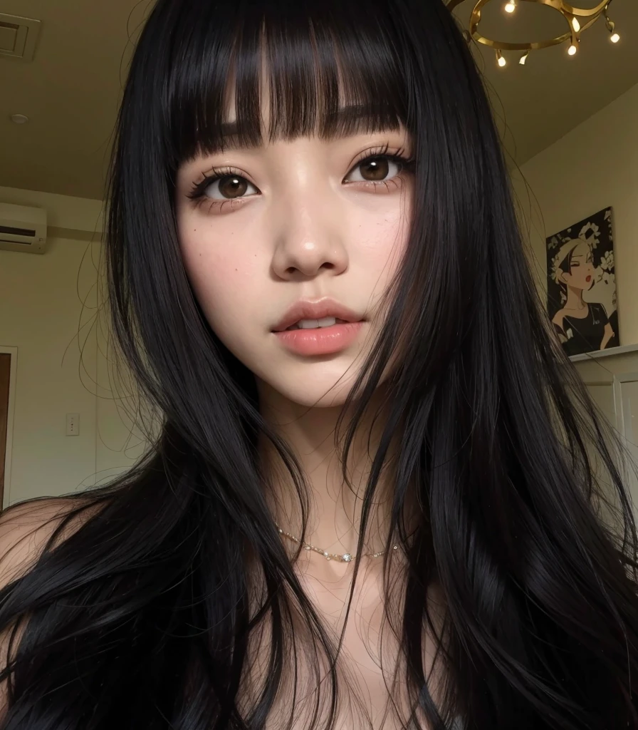 Arafed Asian woman with long black hair and a necklace, Retrato realista kawaii, detailed face of an Asian girl, corte de cabelo preto hime, rosto de anime natural fofo, young lovely korean face, cabelo preto e olhos grandes, ela tem cabelo preto com franja, beautiful asian girl, cabelo preto longo com franja, Modelo IG | artegerm, Asian beautiful face