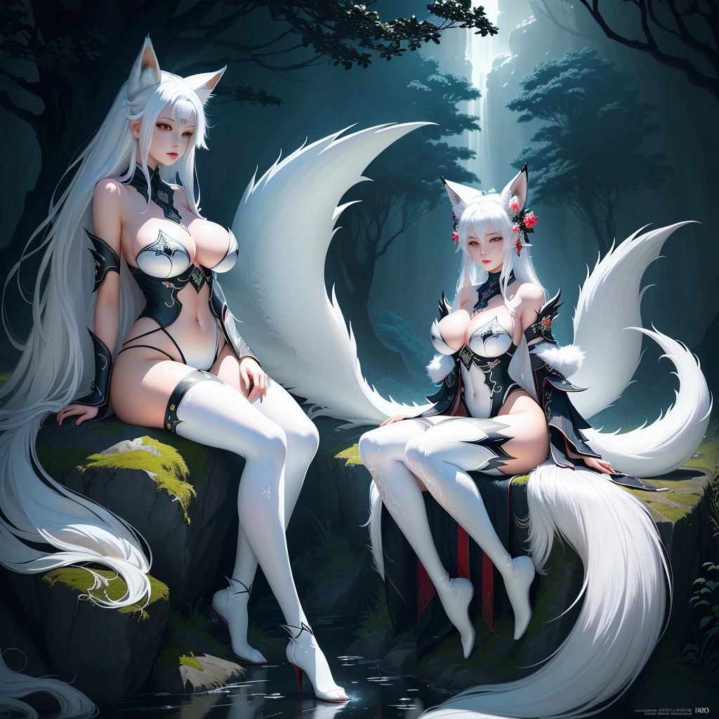 R18 (Fox ears 1 white haired woman), full body lesbian, Face painting, ethereal fox, has nine tails behind her back, sensual and naked, Big tits, perfect big breasts, sitting on a rock, has legs open , front view, Onmyoji detailed art, Nine tails, A beautiful artwork illustration, mythological creatures, red fox, fighting posture, Beautiful digital artwork, Exquisite digital illustration, mizutsune, Inspired by the wildnet mythical creature, Digital art on Pixiv, strong lights, high contrast, horror movie theme, dark atmosphere