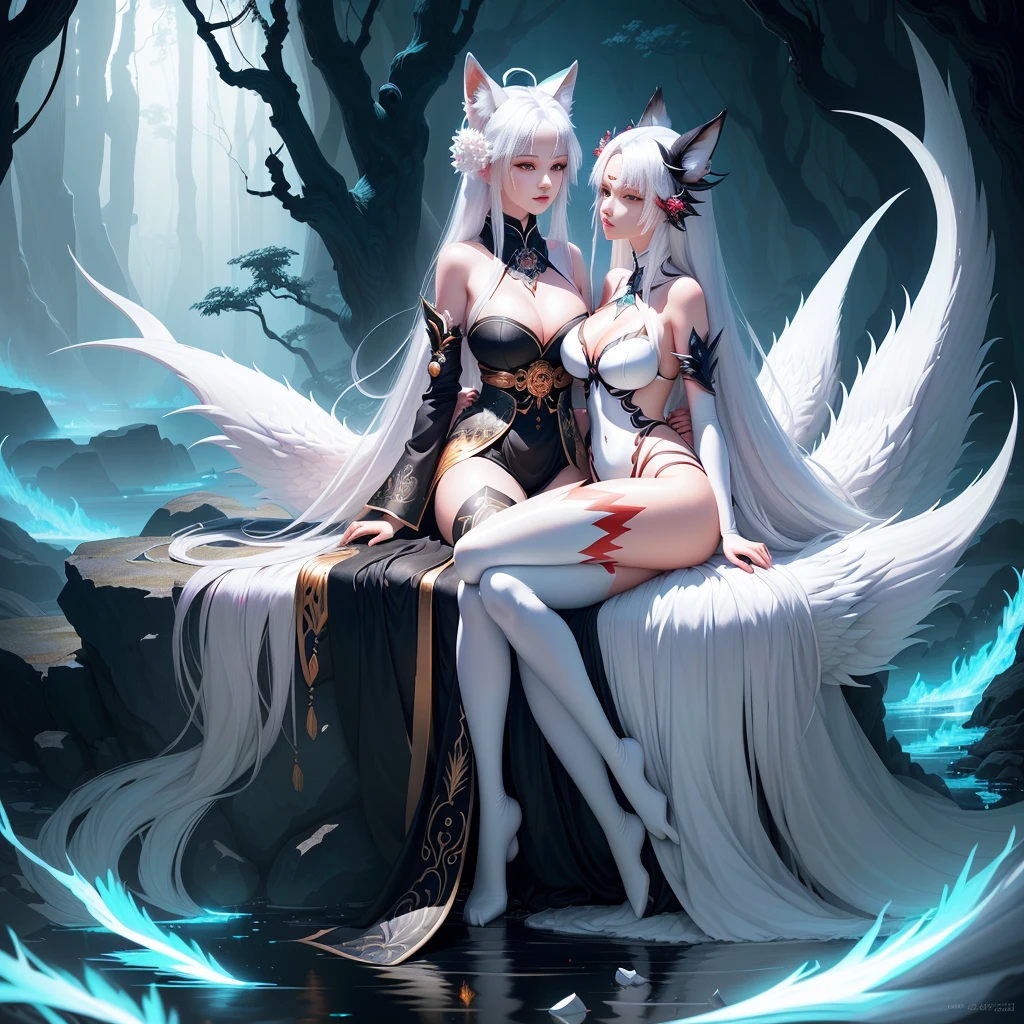 R18 (Fox ears 1 white haired woman), full body lesbian, Face painting, ethereal fox, has nine tails behind her back, sensual and naked, Big tits, perfect big breasts, sitting on a rock, has legs open , front view, Onmyoji detailed art, Nine tails, A beautiful artwork illustration, mythological creatures, red fox, fighting posture, Beautiful digital artwork, Exquisite digital illustration, mizutsune, Inspired by the wildnet mythical creature, Digital art on Pixiv, strong lights, high contrast, horror movie theme, dark atmosphere
