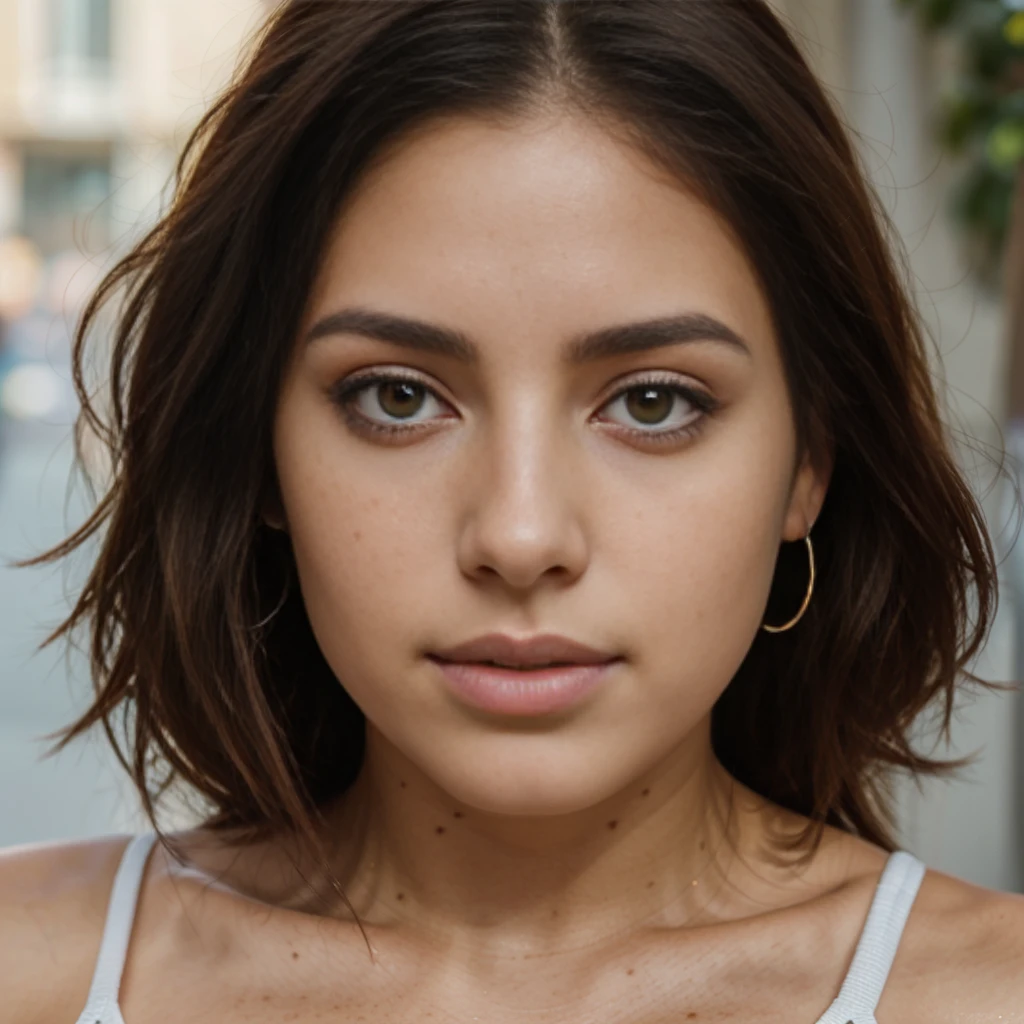 Hyper-realistic depiction of a 28-year-old Latin woman with freckles:1.8, Maia, capturing the essence of an Instagram influencer's aesthetic, super realistic texture face , ultra realistic, meticulously detailed, eyes, without makeup, natural make up, looking directly at the camera, face with artgram, subtle makeup , medium to large size bust, in the city