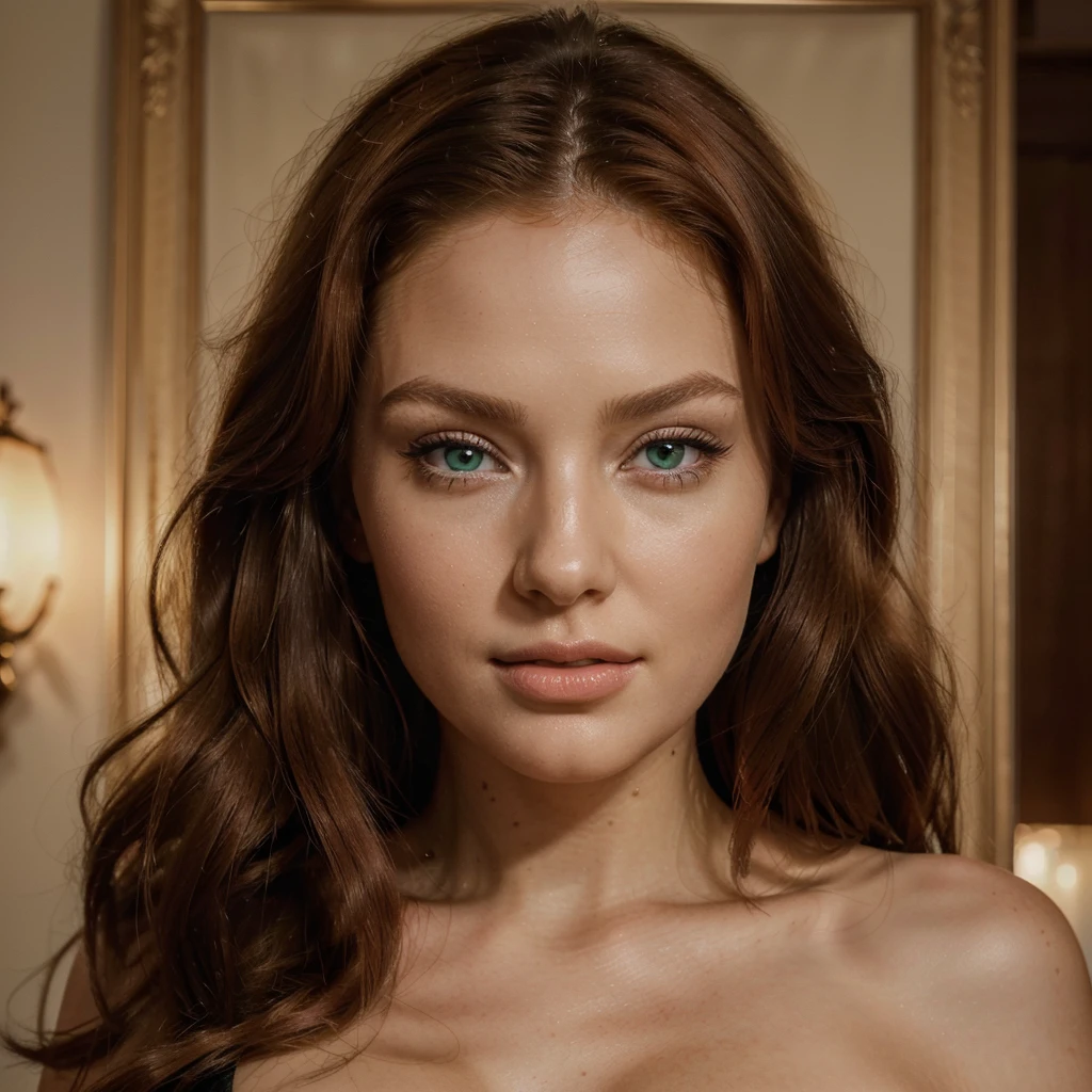 (best quality,4k,8k,highres,masterpiece:1.2),ultra-detailed,(photo-realistic:1.37),(realistic,super realistic looking) portrait of a beautiful ginger female model, with stunning emerald green eyes, a flawless complexion, and luscious red lips. She has flowing, fiery red hair that cascades down her shoulders, framing her face perfectly. The model exudes confidence and elegance, with a gentle smile that radiates warmth. She is wearing a sophisticated, form-fitting black evening gown, which accentuates her curves and adds a touch of glamour to the scene, extremely detail face and eyes, close up face shot