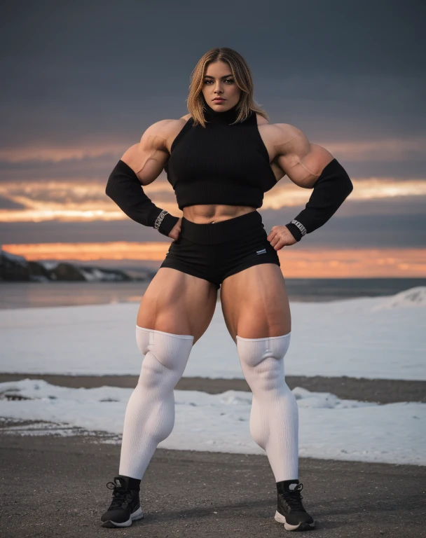 Samantha Janus, Generate a full length fashion portrait of a heavily muscled iff pro female bodybuilder , her makeup, hair, she  dressed in a tight fluffy woolen sweater, tight miniskirt, white knee high socks, lighting, environment