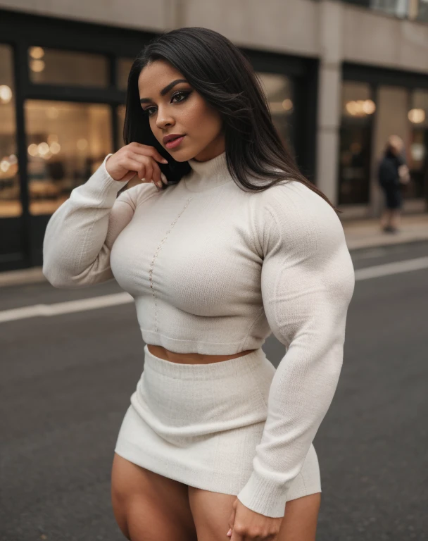 ASHLEYBANKS, Generate a full length fashion portrait of a heavily muscled iff pro female bodybuilder , her makeup, hair, she dressed in a tight fluffy woolen sweater, tight miniskirt, white knee high socks, lighting, environment